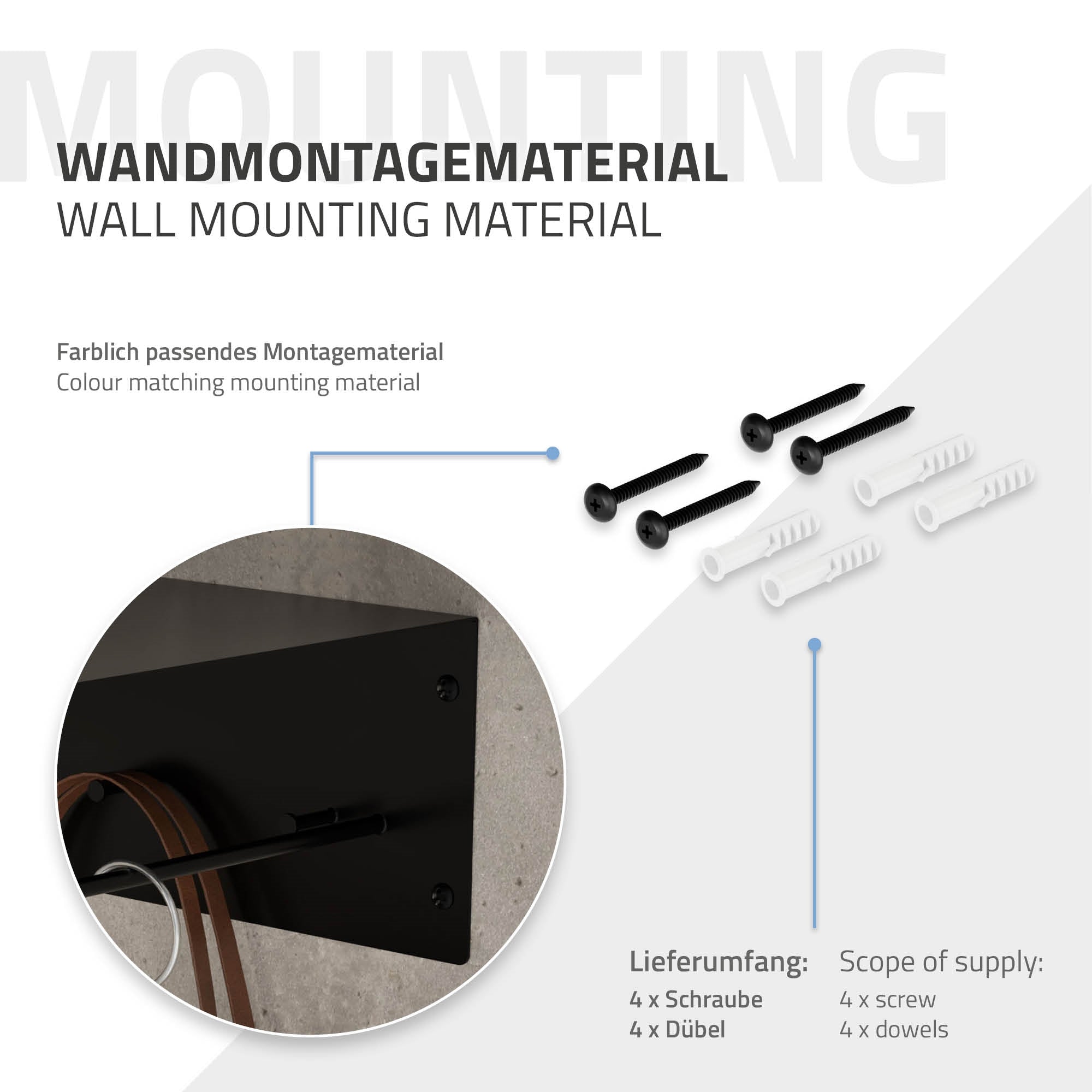 Montagematerial für Wandhalterung mit Schrauben und Dübel.
