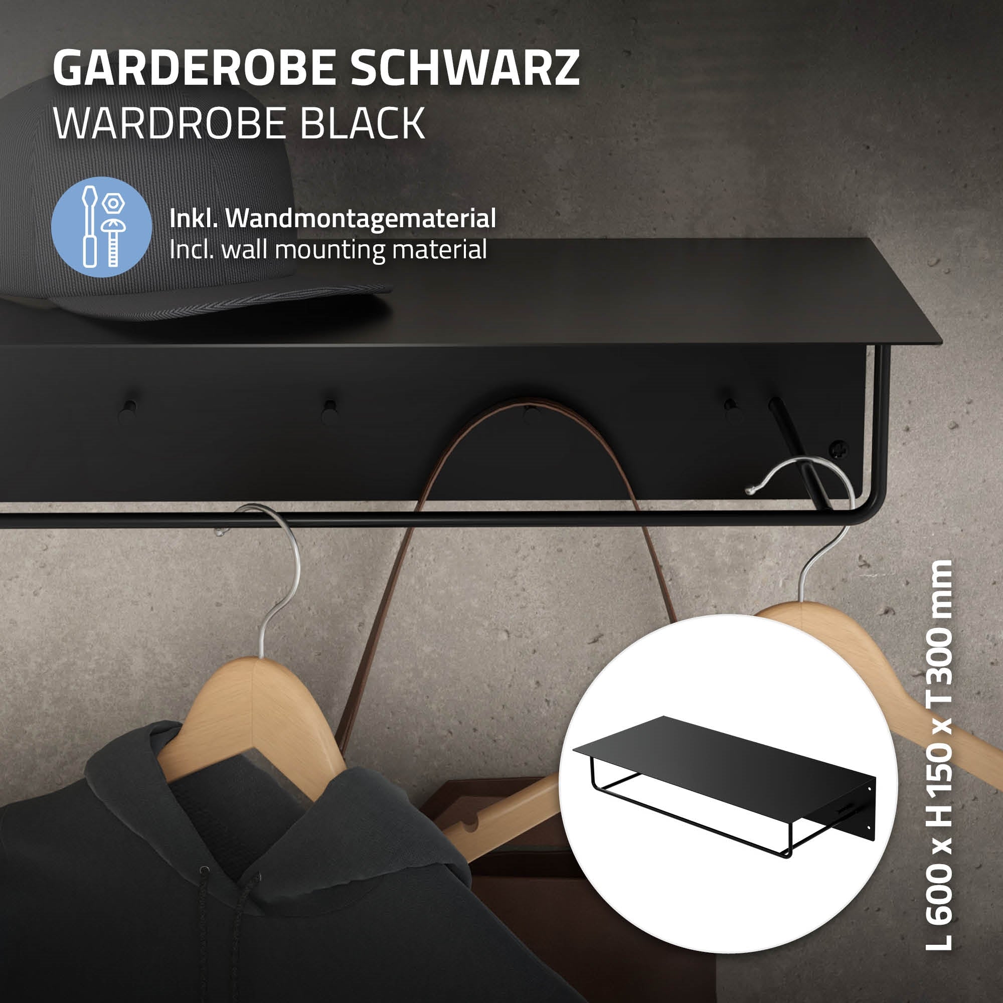 Schwarze Garderobe mit Kleiderbügeln und Maßangaben auf hellem Hintergrund.
