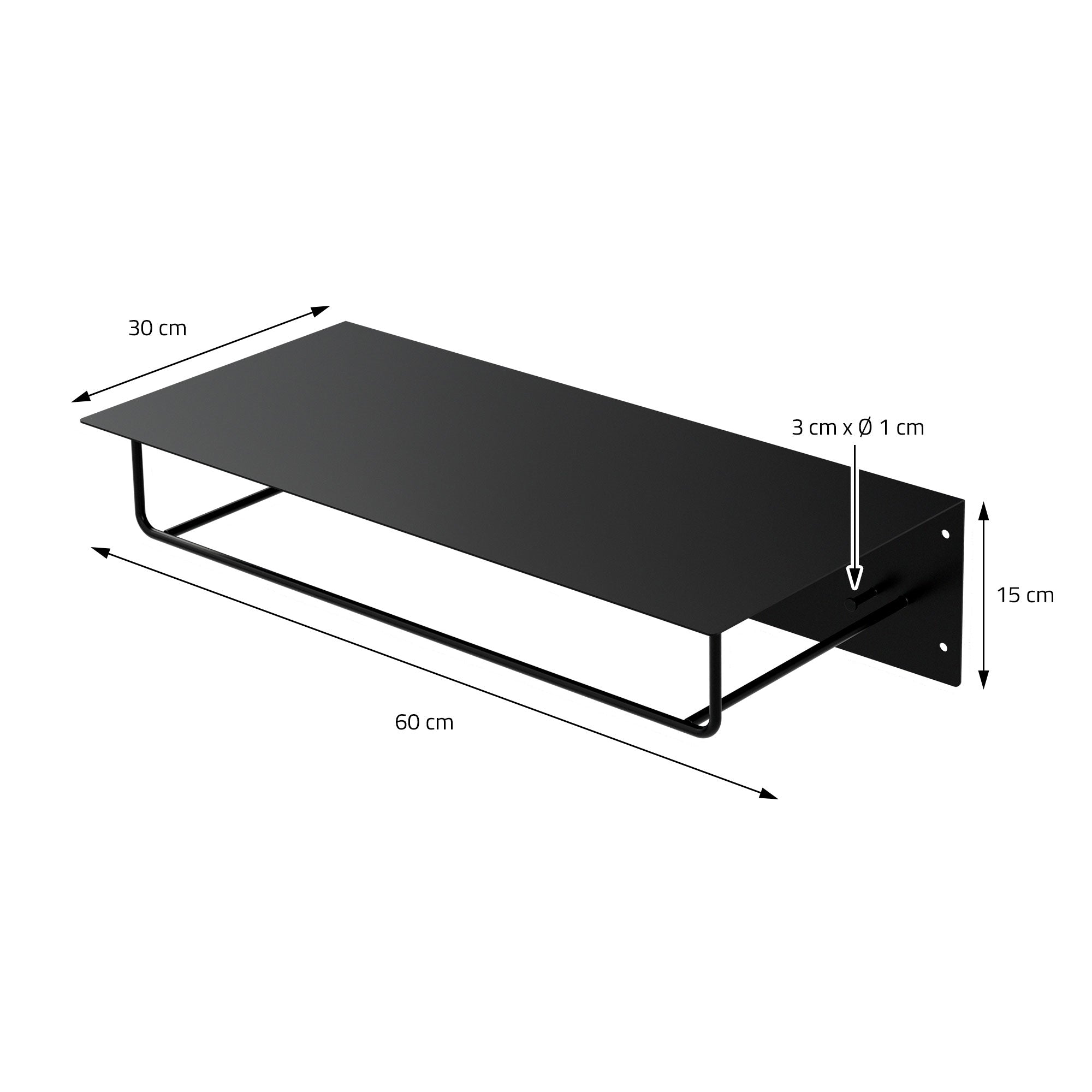 Schwarze Wandablage mit Maßen: 60 cm x 30 cm x 15 cm.