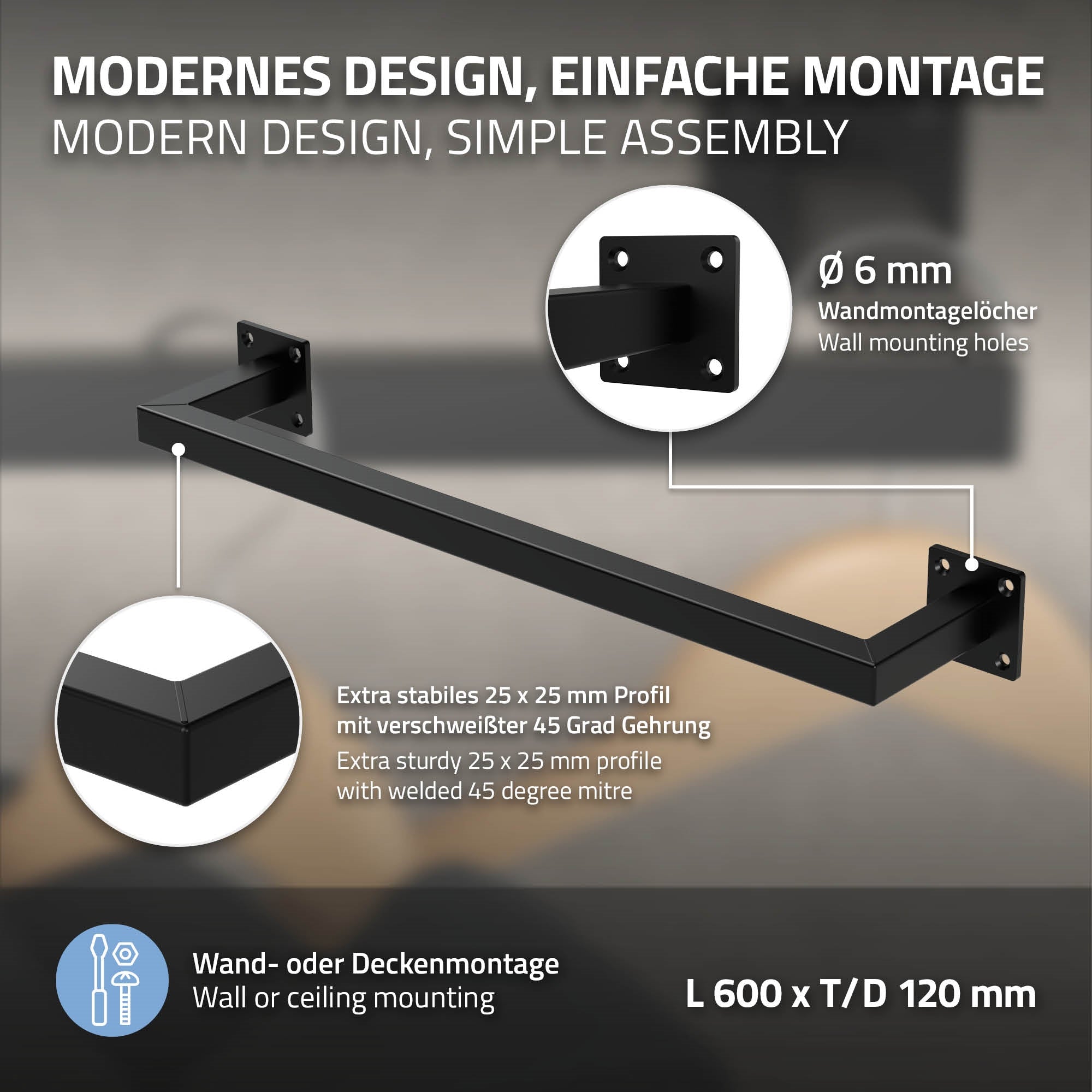 Schwarze Wandhalterung mit Montageanleitung und Abmessungen.