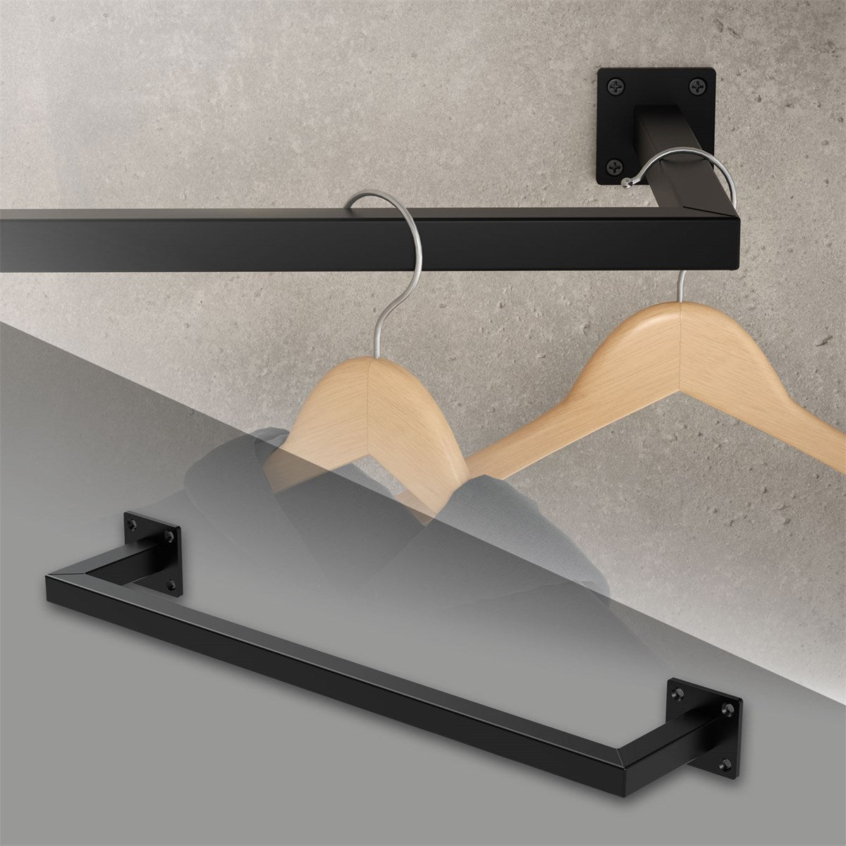 Tringle à vêtements noire avec des cintres en bois, montée sur un mur.