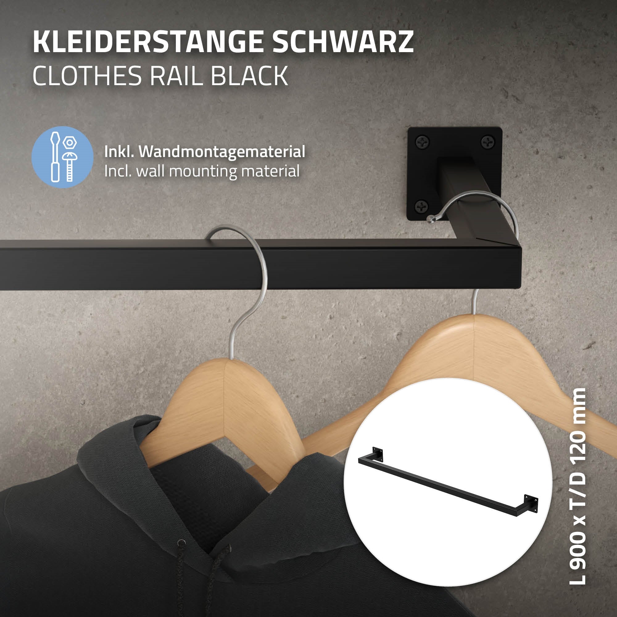 Schwarze Kleiderstange mit zwei Holzkleiderbügeln, Wandmontage sichtbar.