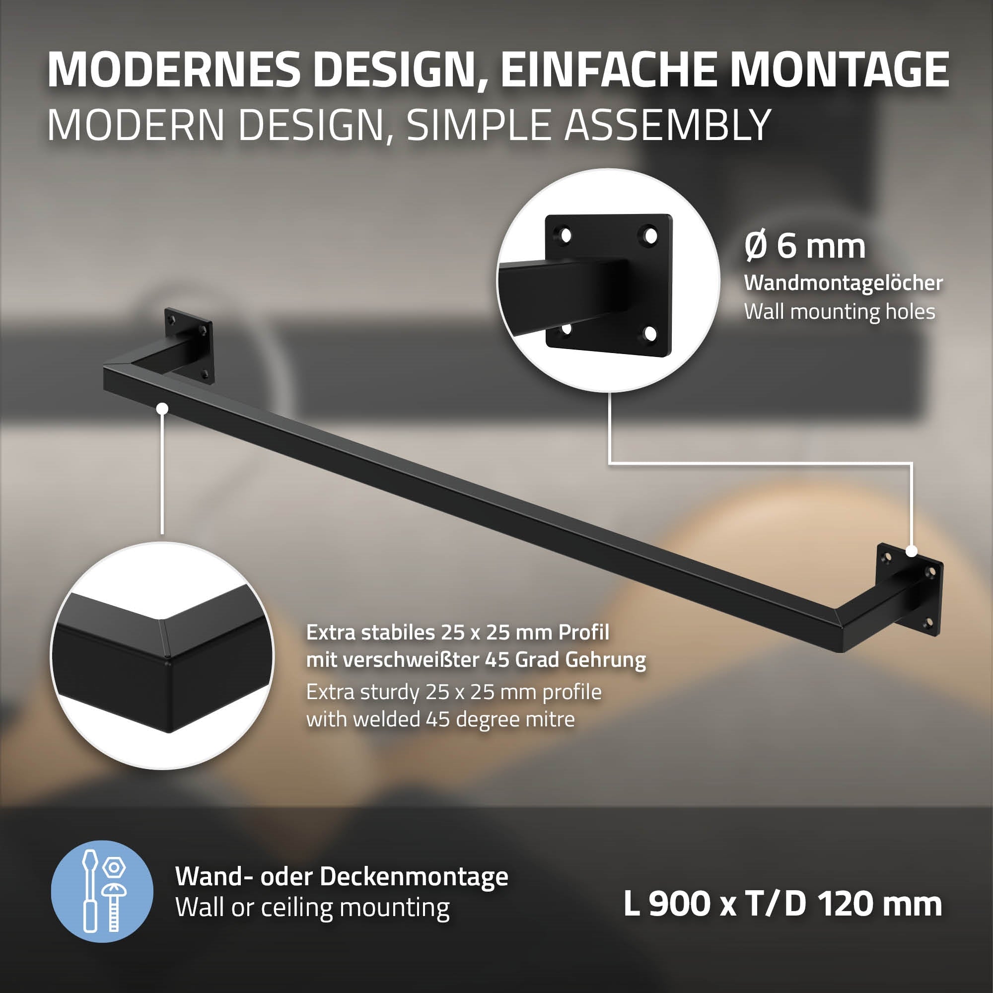 Schwarze Wandhalterung mit Montageanleitung und Maßen.