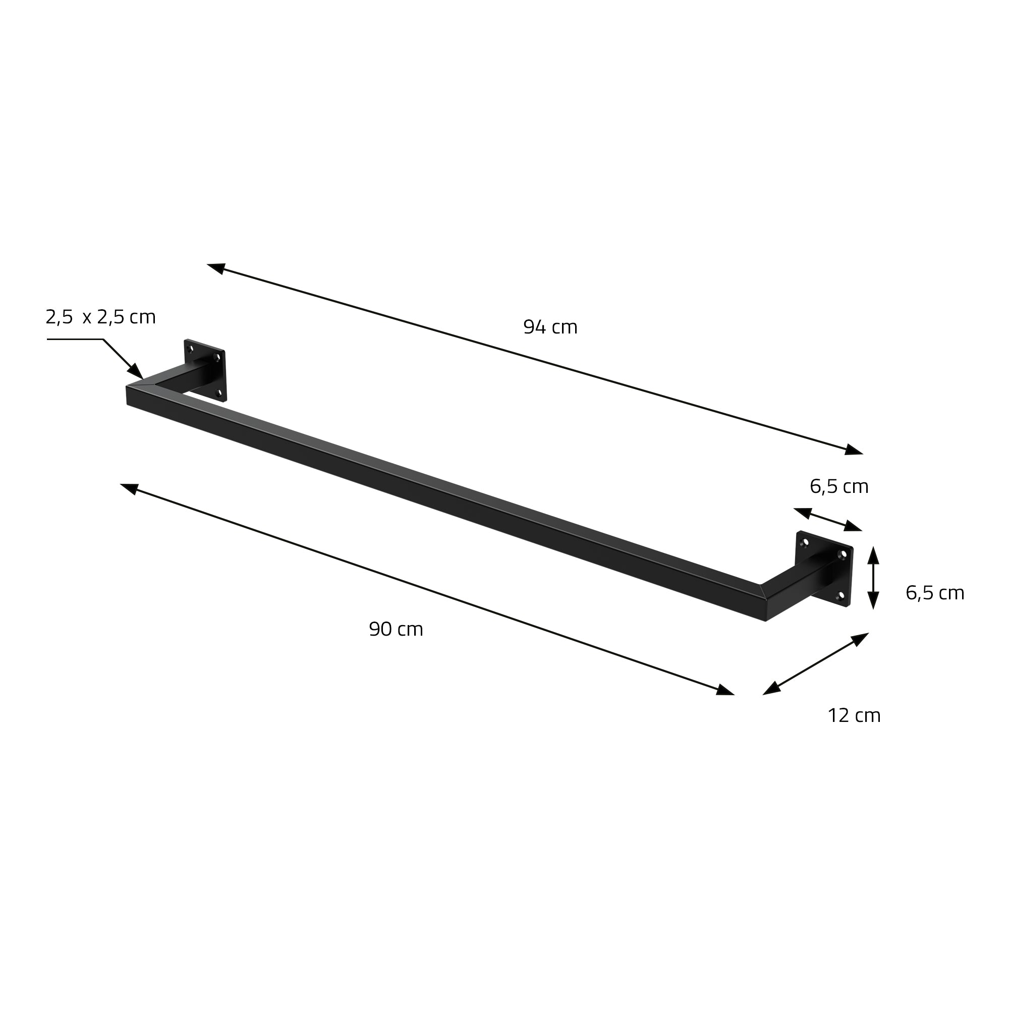Dimension drawing of a black rod, 90 cm long, 12 cm high.