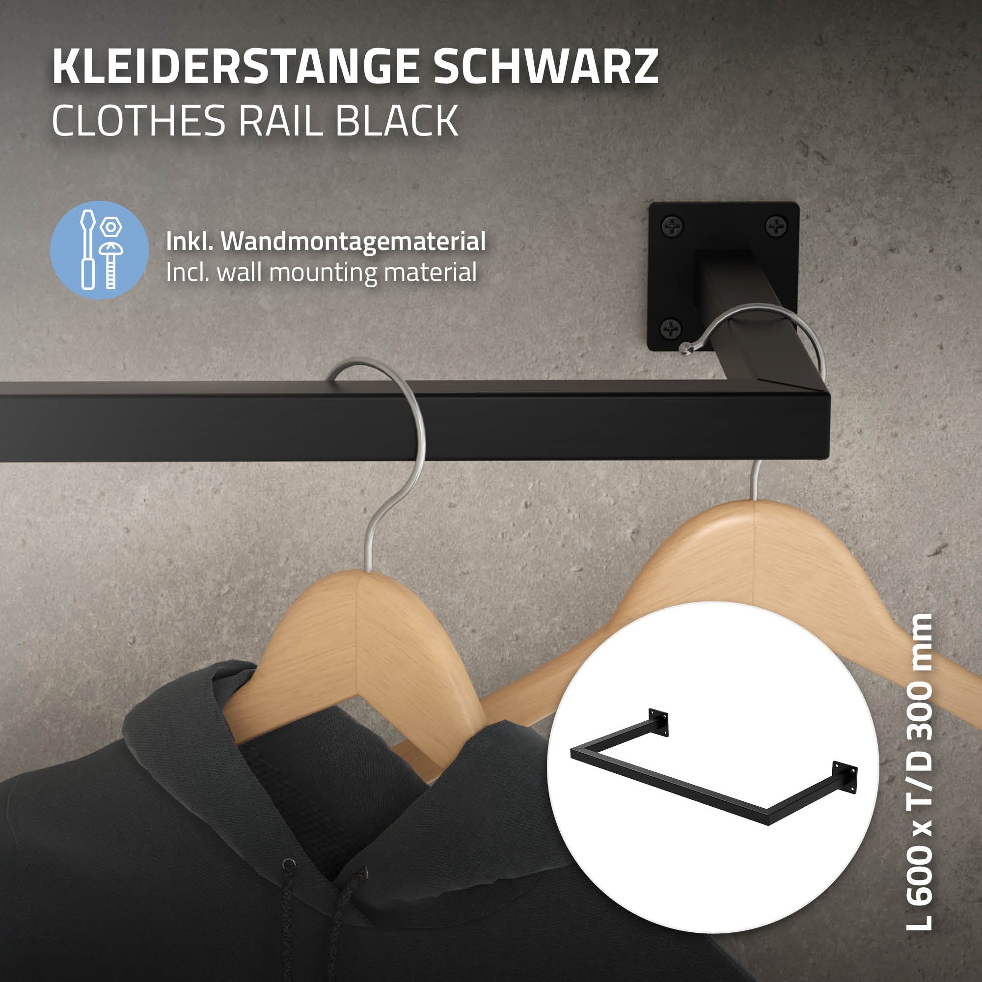 Schwarze Kleiderstange mit Montageinformationen und Abmessungen.