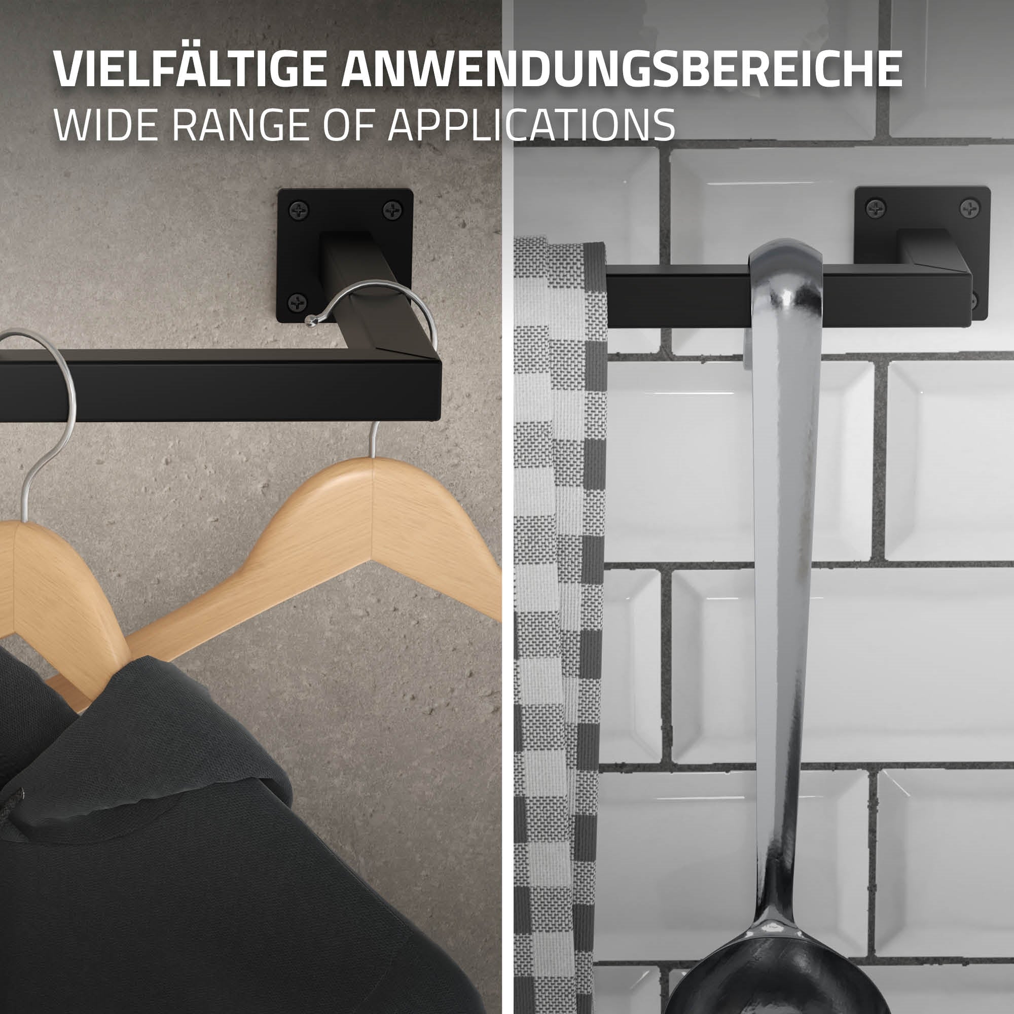 Schwarze Kleiderstange mit einem Holzkleiderbügel und einem Kochlöffel in einer modernen Küche.