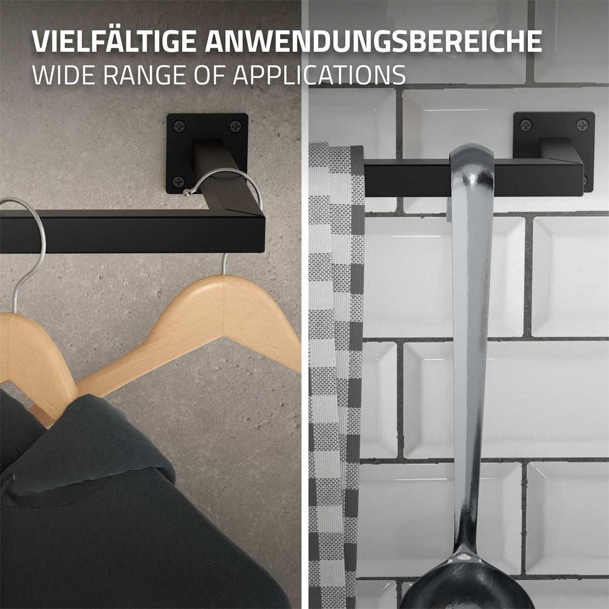 Schwarze Kleiderstange mit einem Holzkleiderbügel und einem Kochlöffel in einer modernen Küche.
