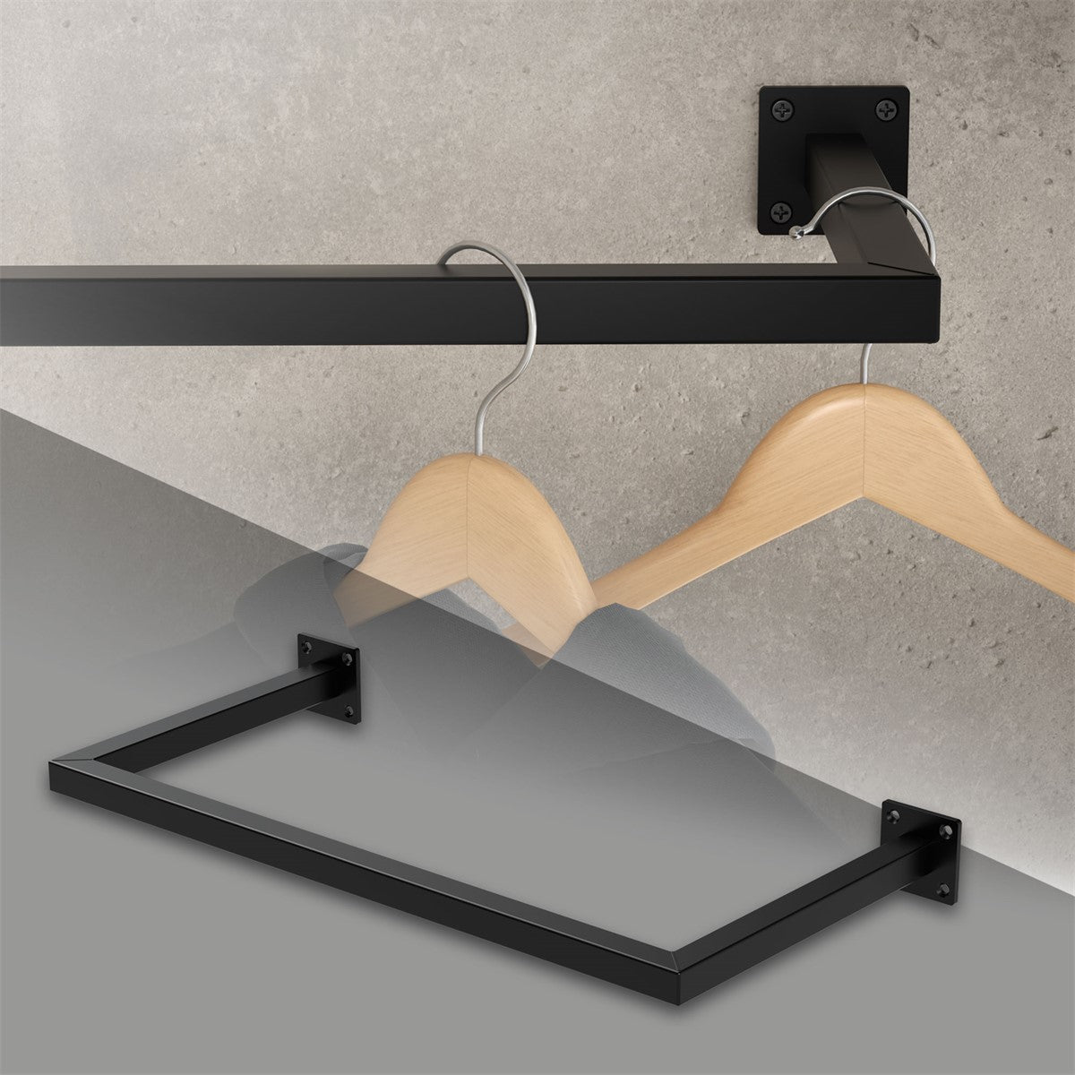 Black clothes hanger with a wooden clothes hook on a wall.