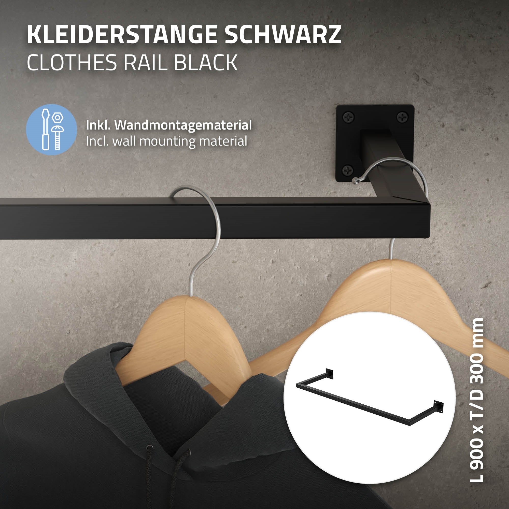 Schwarze Kleiderstange mit zwei Holzkleiderbügeln an einer Wand montiert.