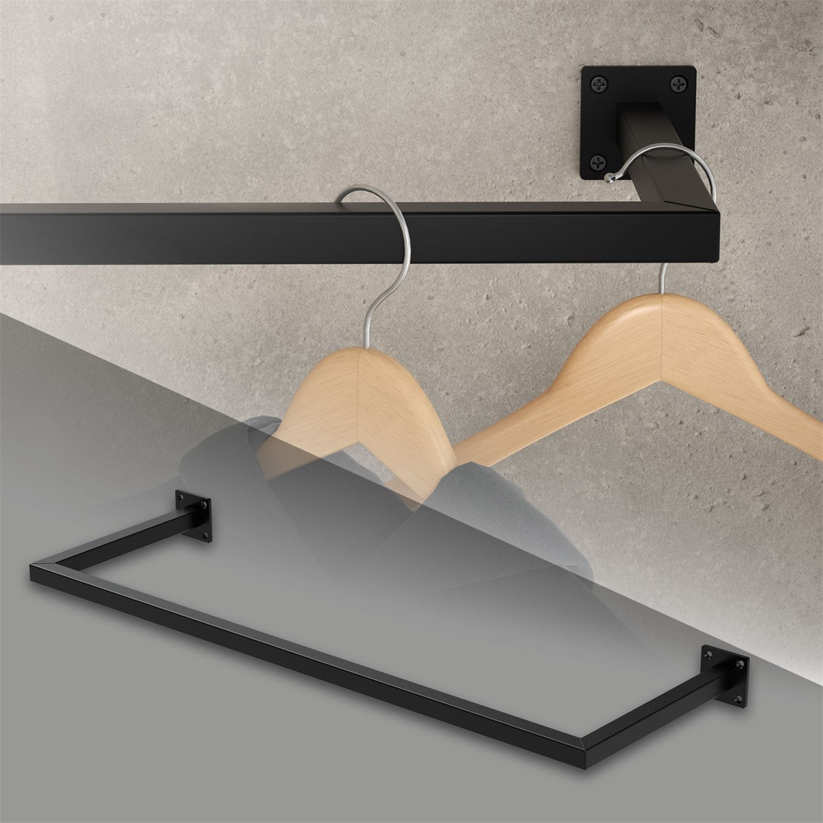Black clothes rail with wooden hangers mounted on a wall.