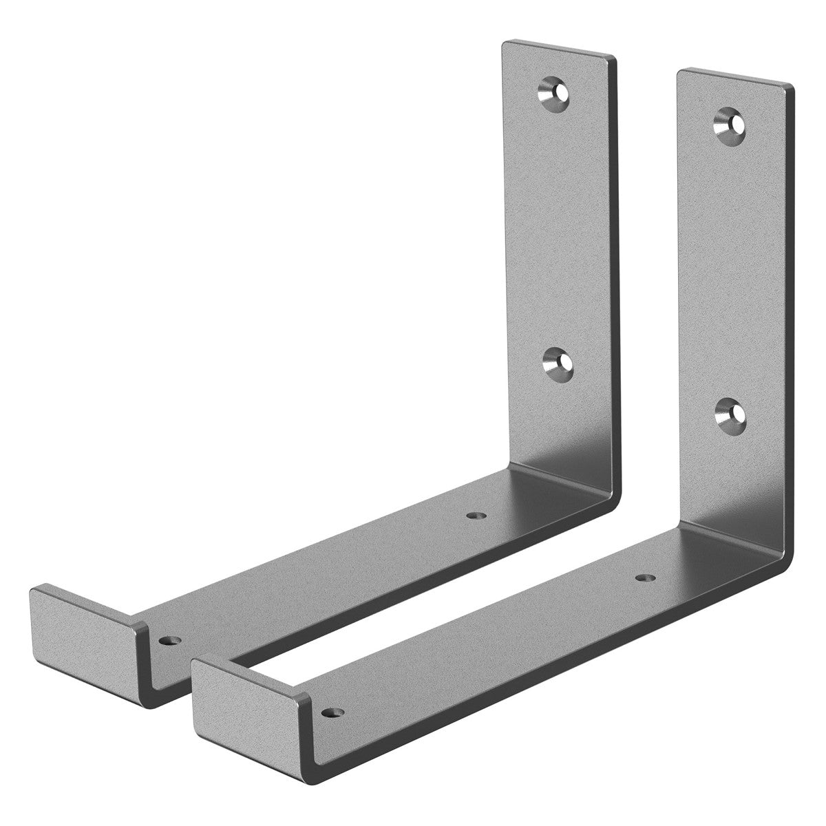 Two gray metal brackets side by side.