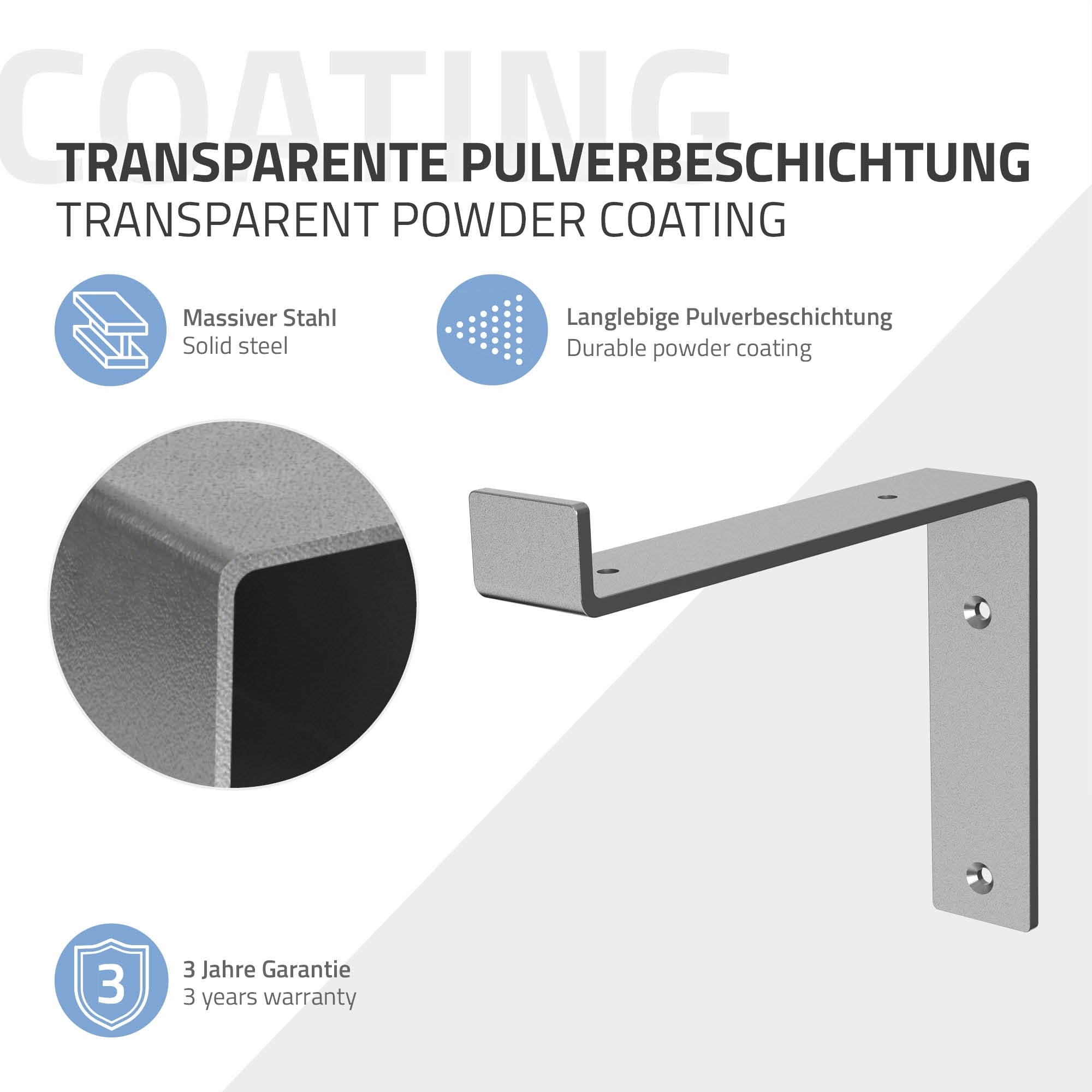 Support d'étagère en acier avec surface revêtue de poudre.