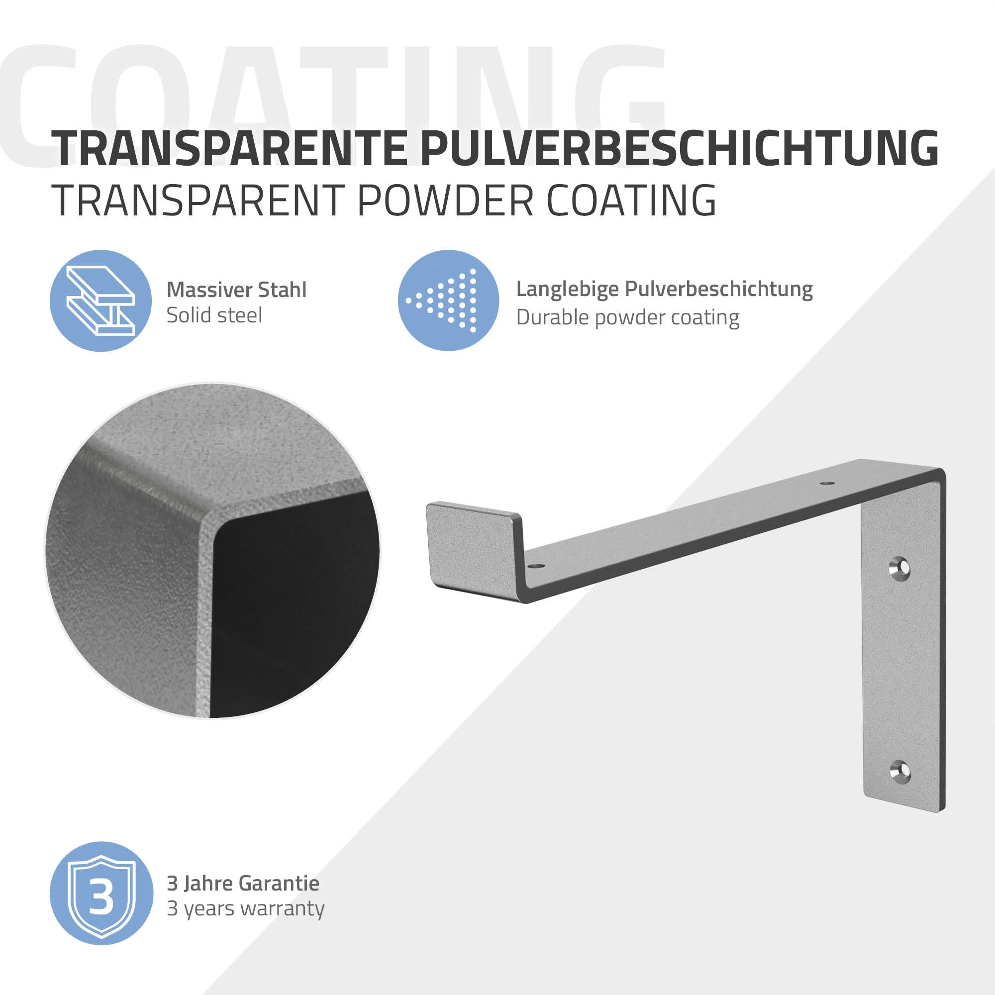 Grafik mit Informationen zu einer Stahlhalterung und deren Pulverbeschichtung.