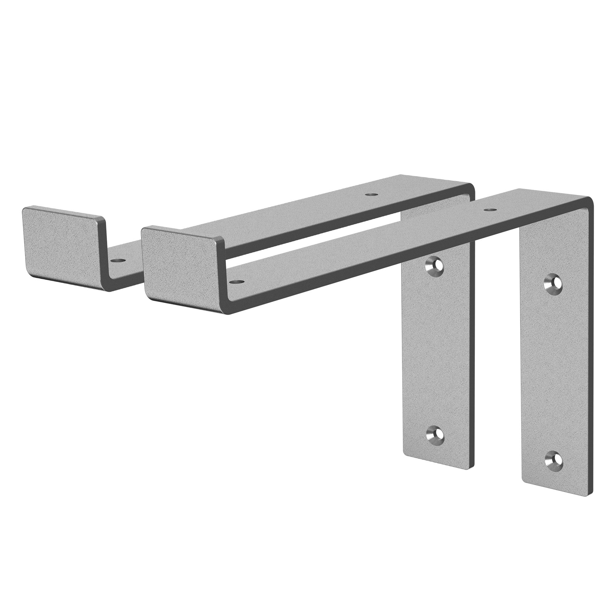 Metallhalterung für Regale, mit zwei vertikalen Befestigungsteilen.