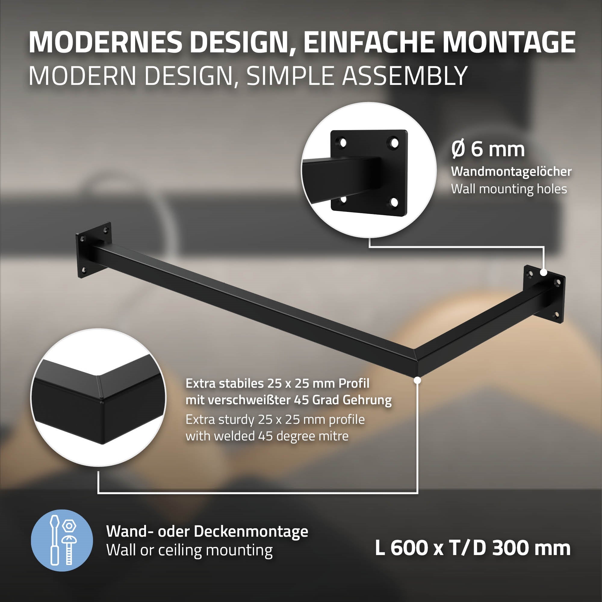 Eine schwarze Wandhalterung mit Montageanleitung und Maßen auf einem hellen Hintergrund.