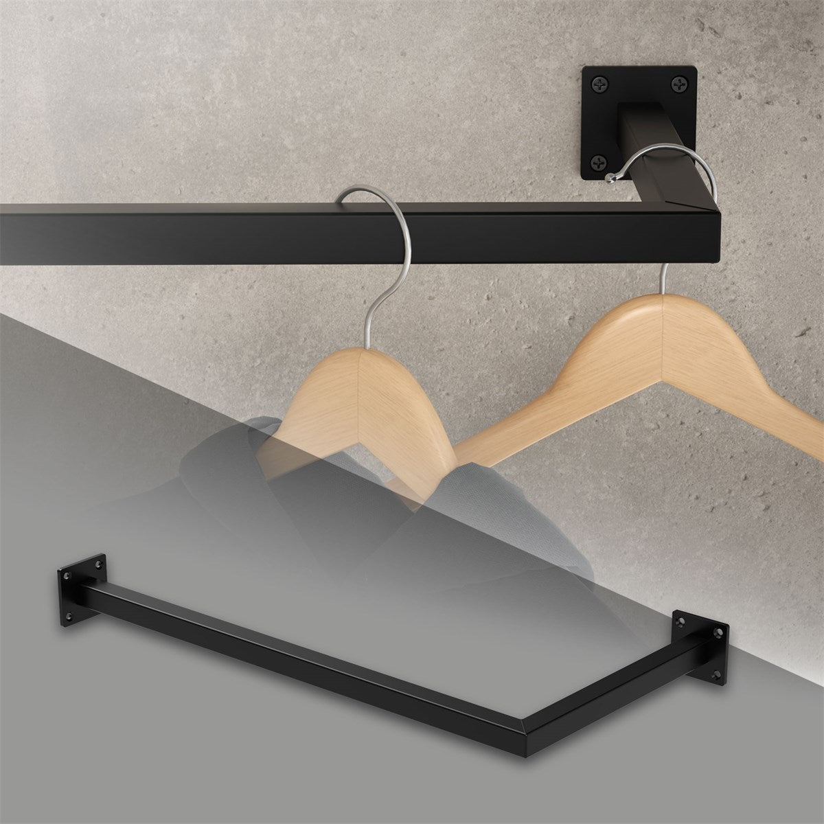 Black clothes rail with two wooden hangers on a wall.