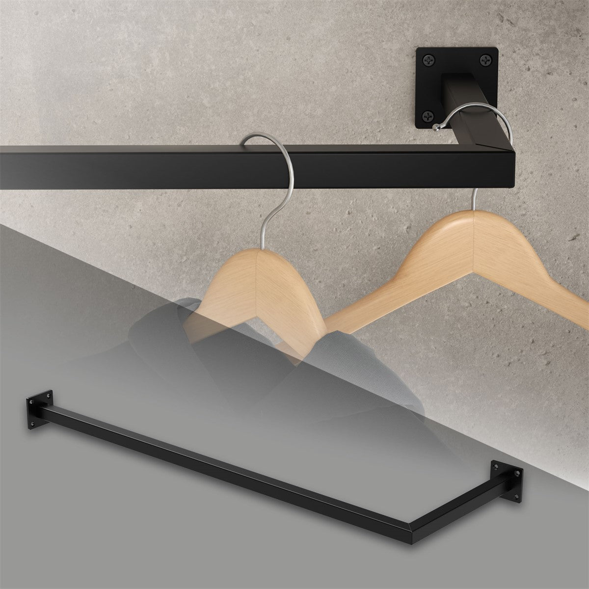 Black clothes hanger holder with two wooden hangers.