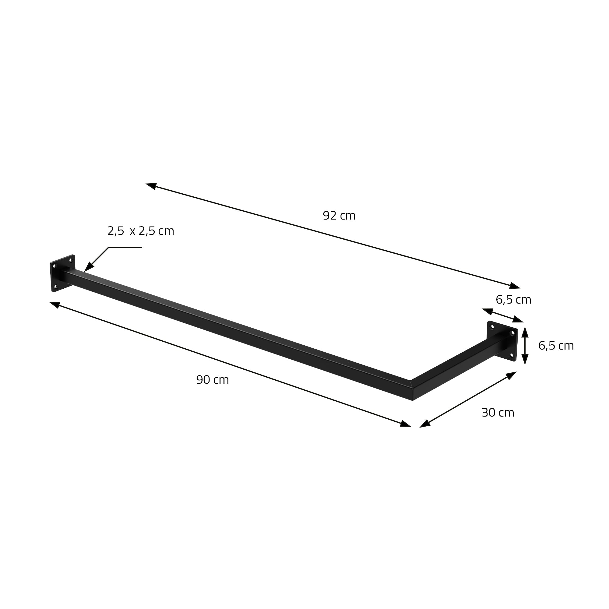 Supporto a muro nero con misure: 92 cm di lunghezza, 2,5 cm di altezza, 6,5 cm di profondità.