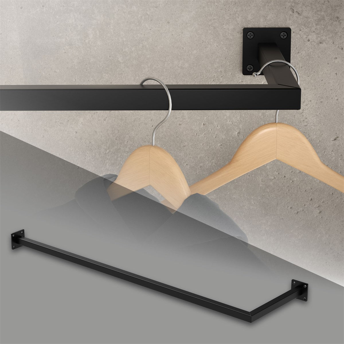 A black wall mount with two wooden clothes hangers.