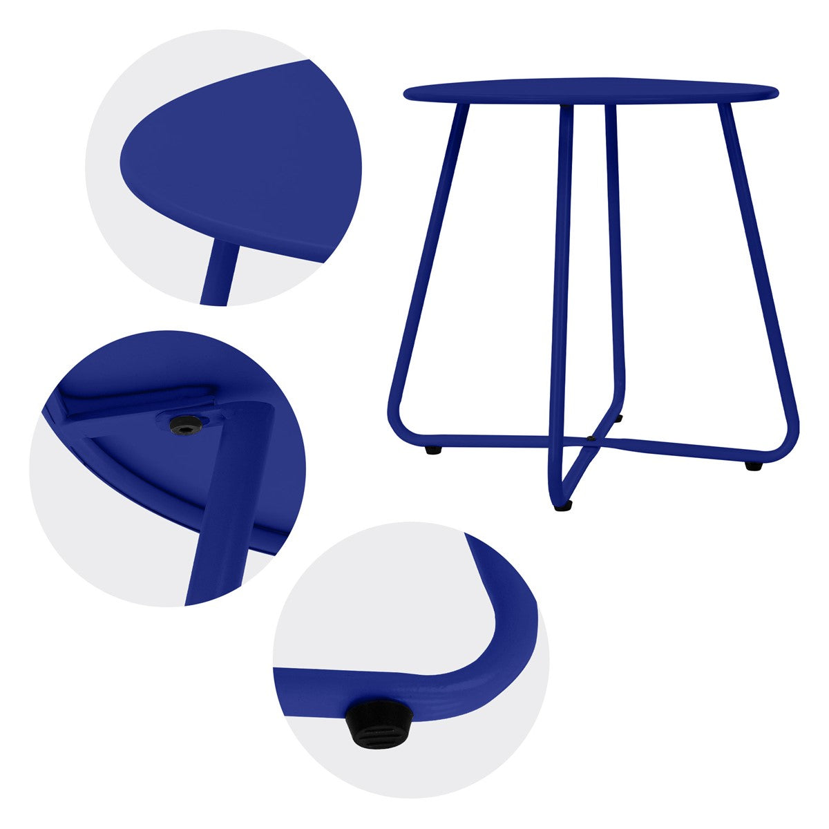 Mesa azul com tampo redondo e três pernas.