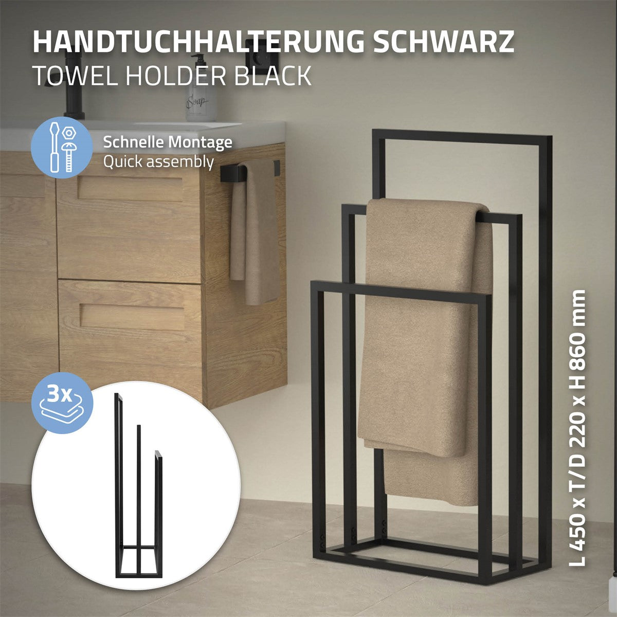 Schwarze Handtuchhalterung mit Platz für drei Handtücher.