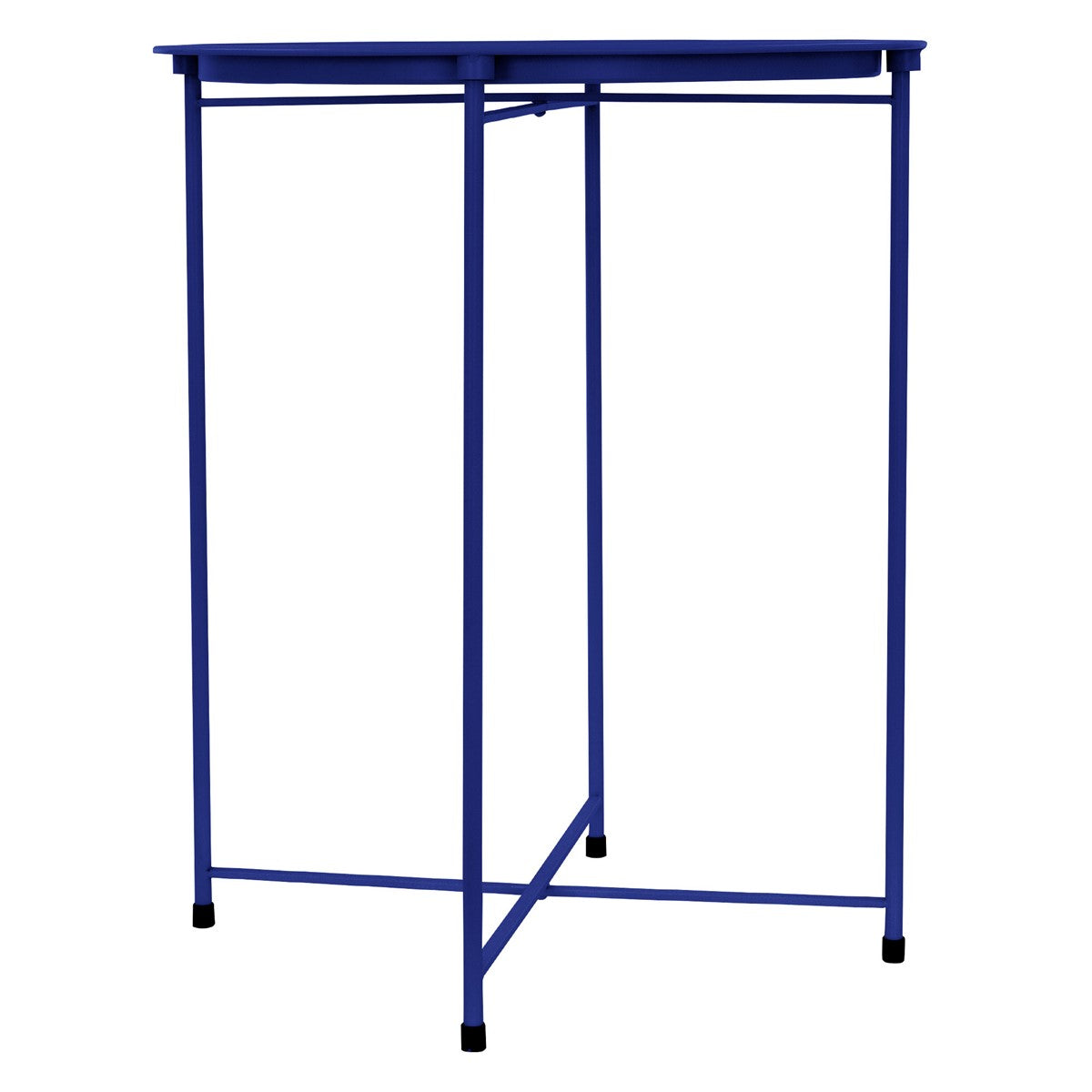 Blauer Tisch mit vier Beinen und einer rechteckigen Tischplatte.