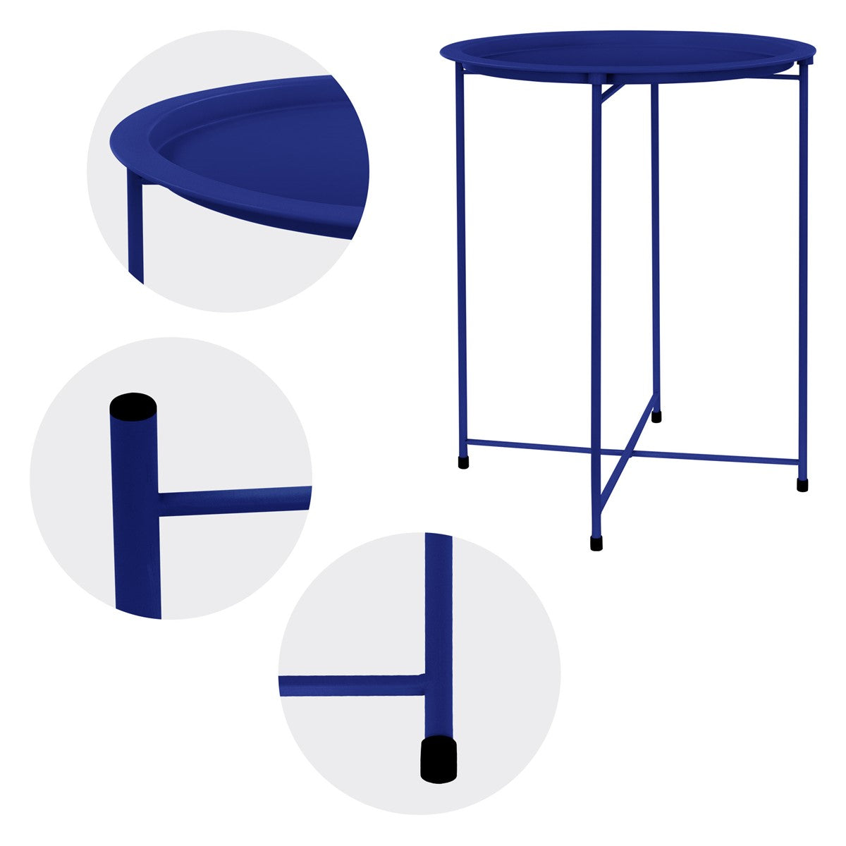 Blauer runder Tisch mit einem stabilen Gestell und Details zu den Tischbeinen.