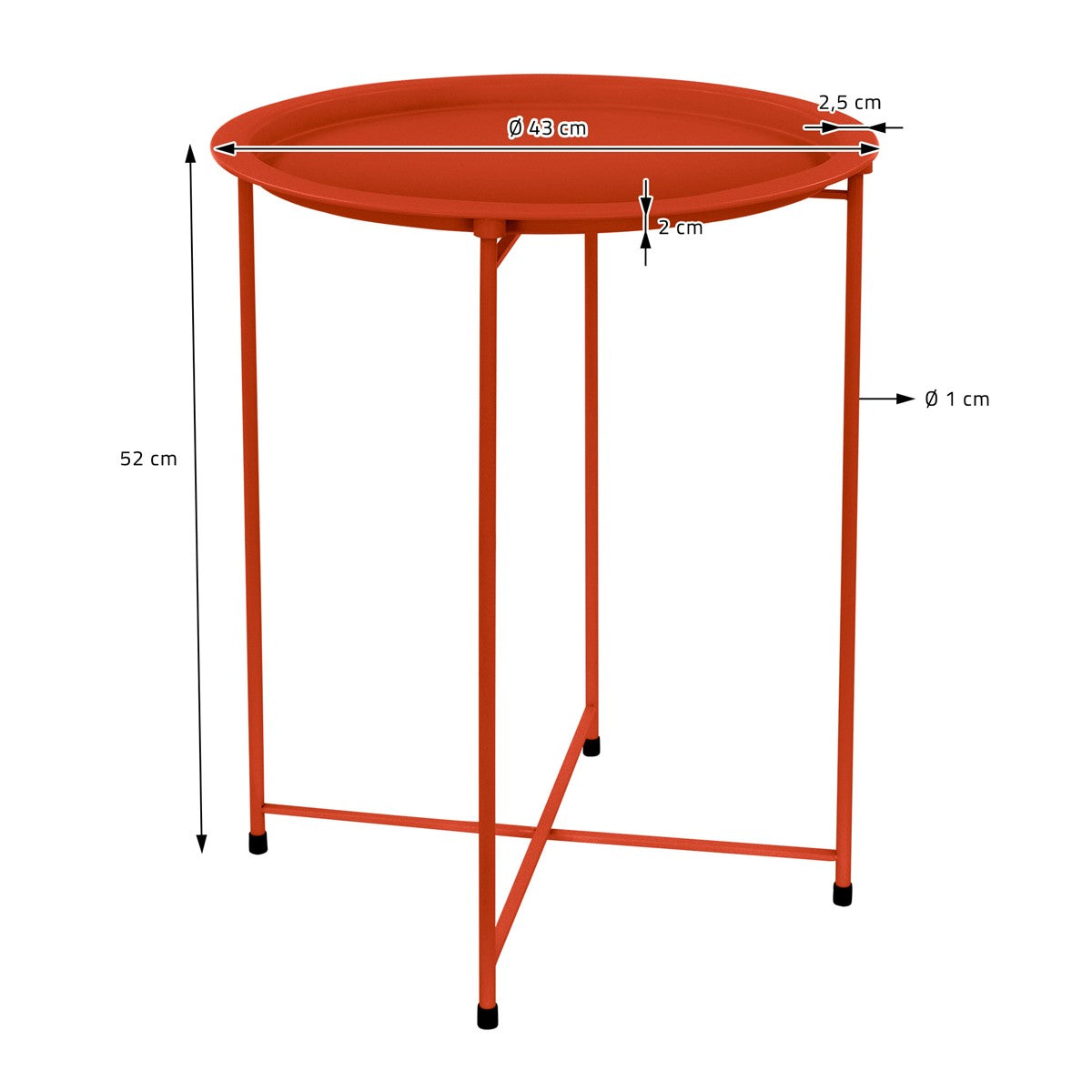 Roter Tisch mit runder Platte, Höhe 52 cm, Durchmesser 48 cm.