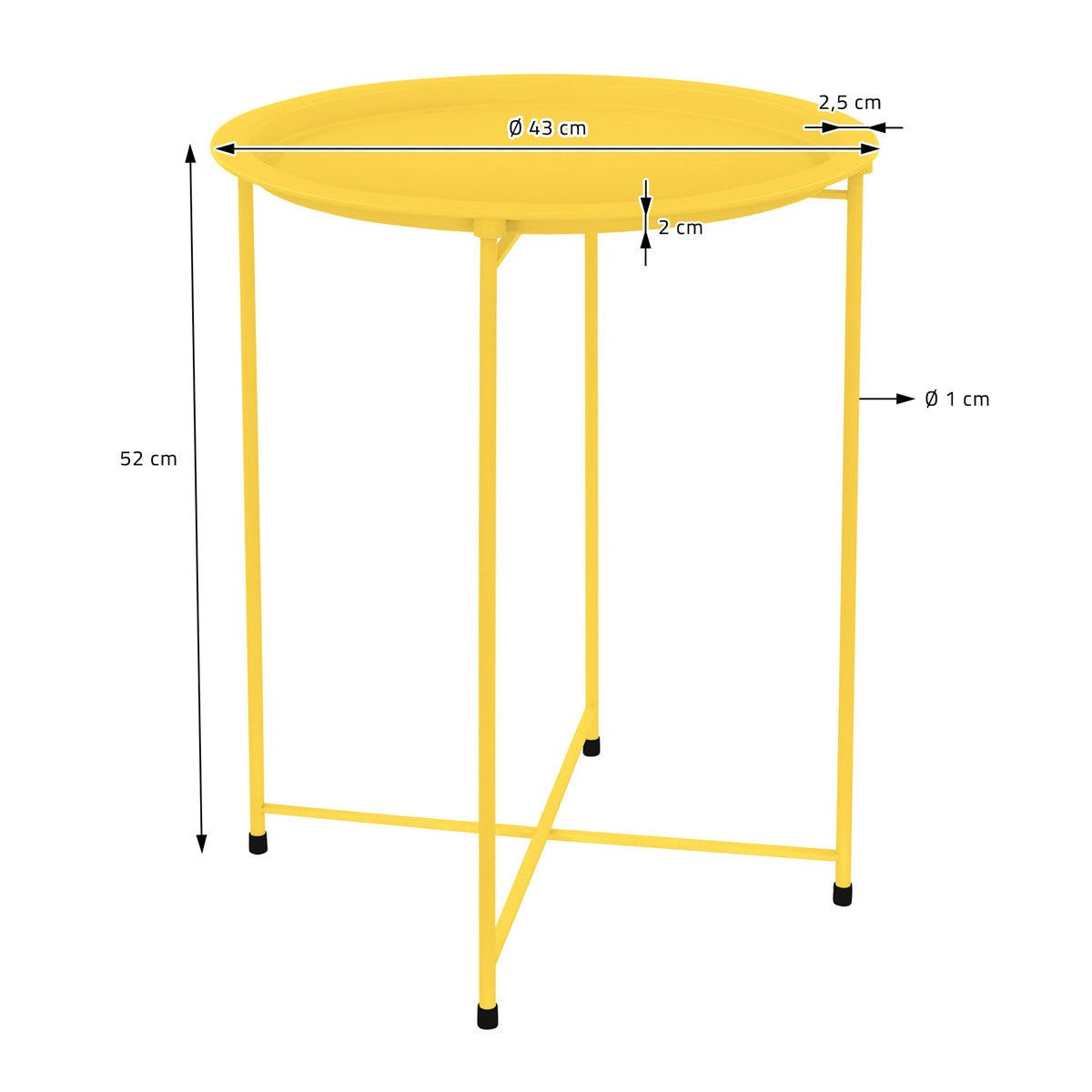 Sárga kisasztal méretekkel és 43 cm-es átmérővel.