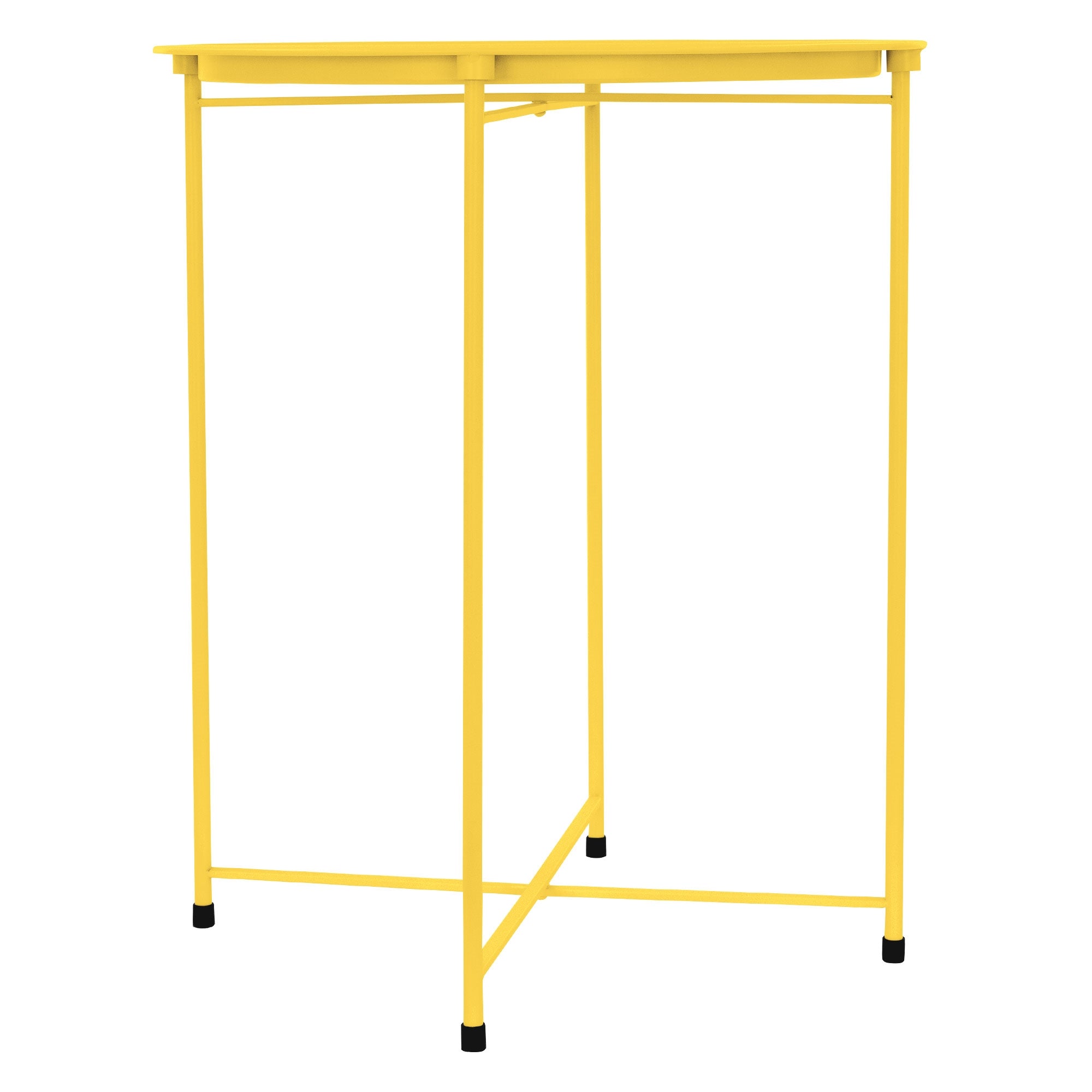 Gelber Beistelltisch mit quadratischer Platte und stabilen Beinen.