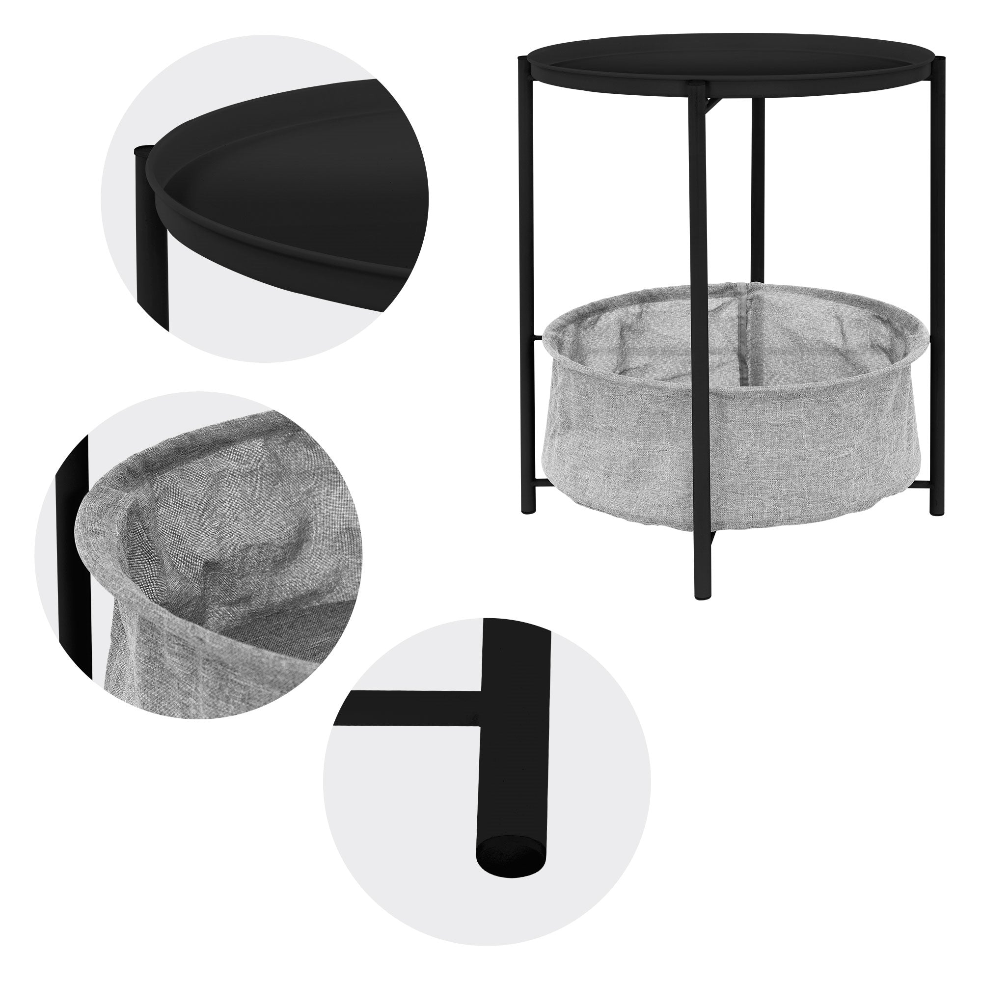 Sort sidebord med rund plade og grå stofkurv.