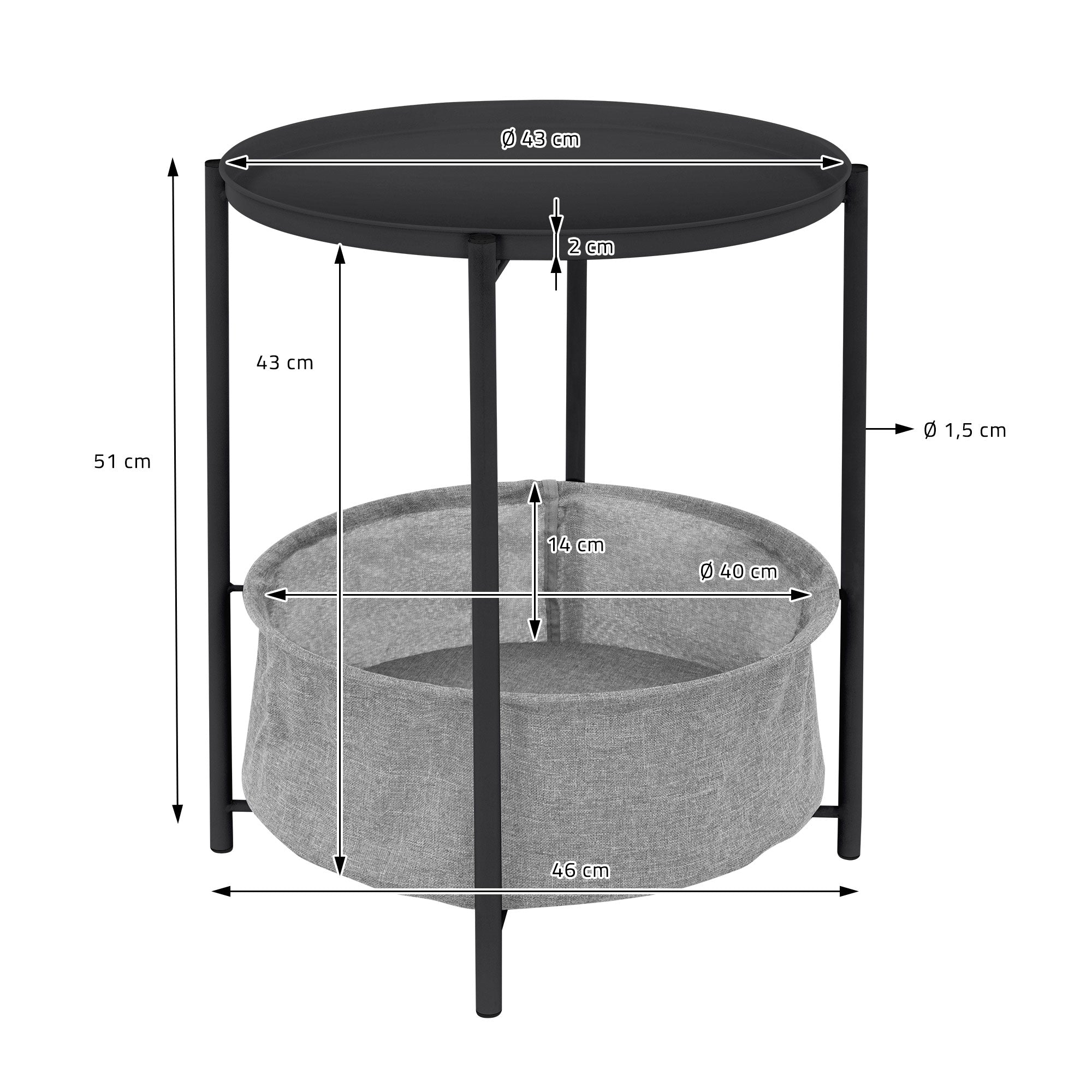 Round table with black frame and fabric basket underneath, dimensions specified.