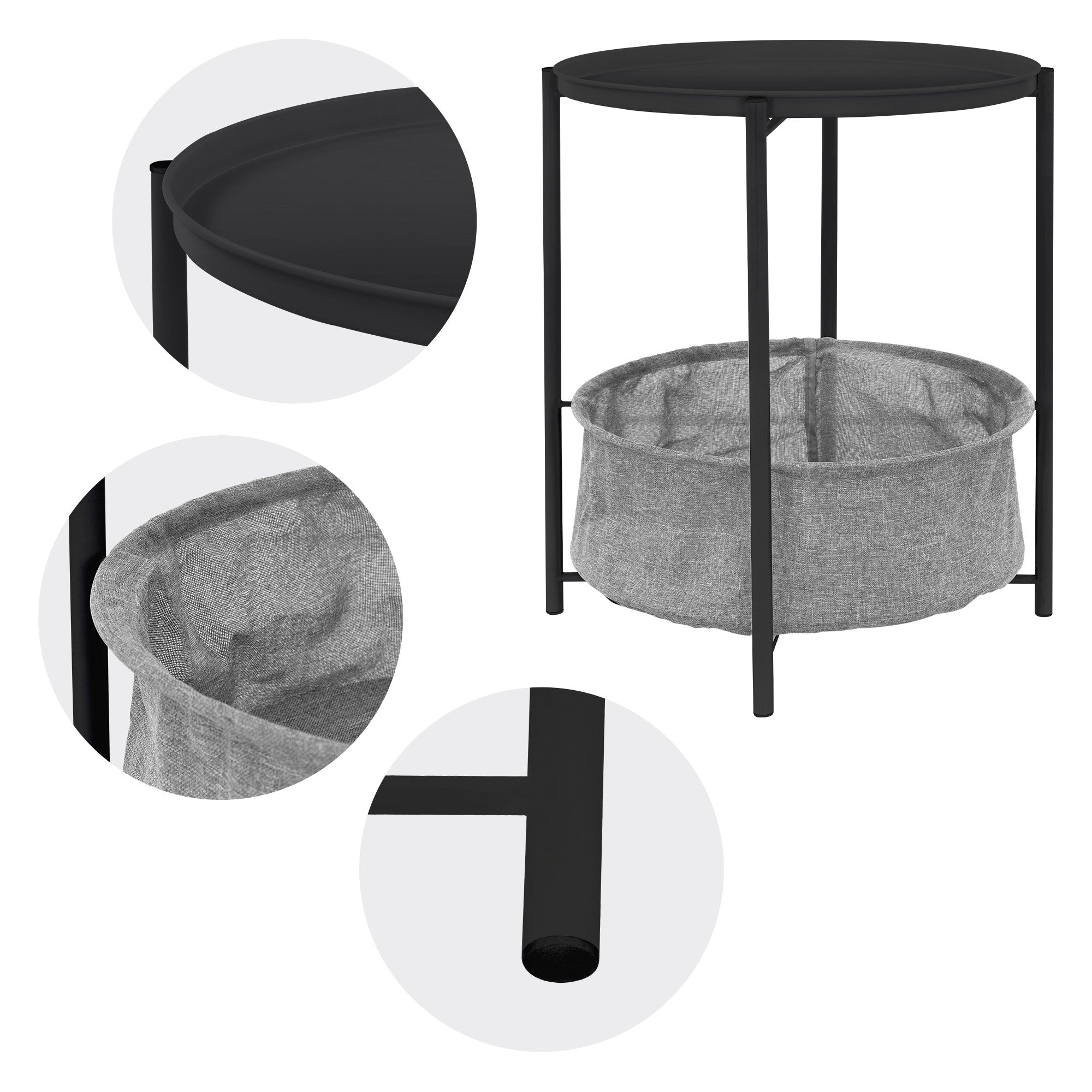 Black side table with round top and gray fabric basket.