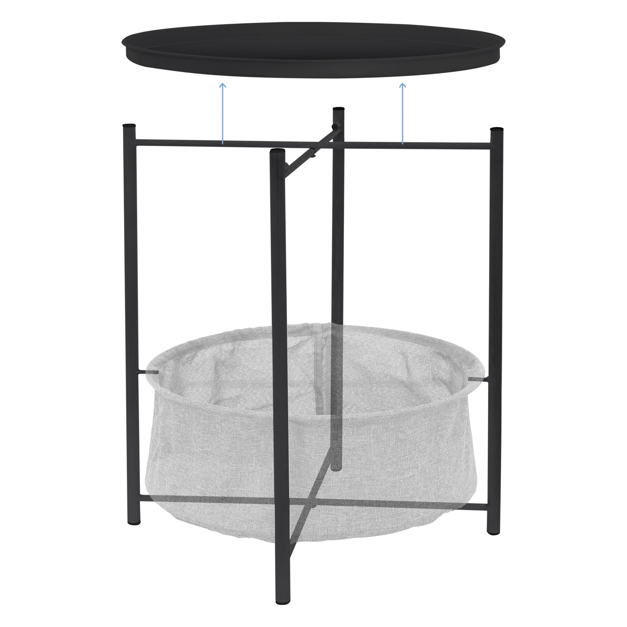 Black side table with removable tray and gray fabric basket.