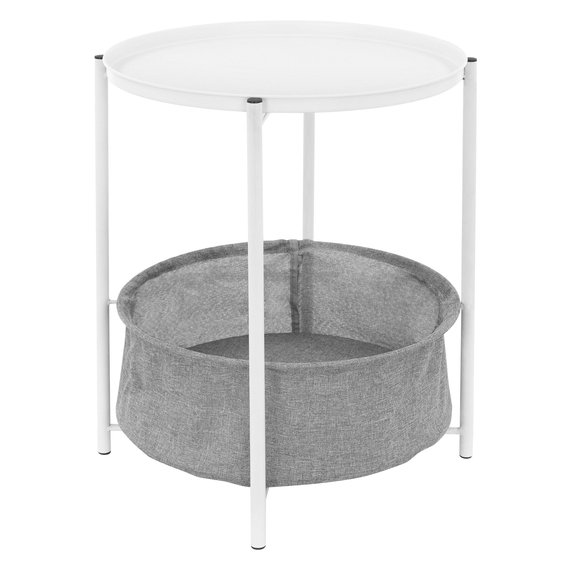 Et rundt sidebord med en hvid bordplade og en grå stofkurv.