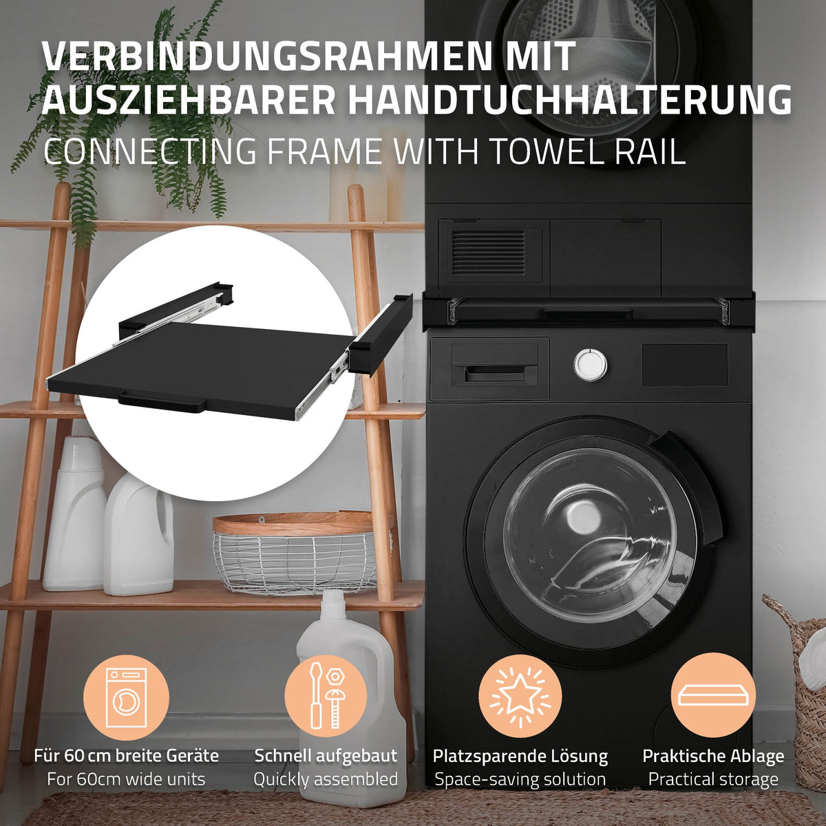 Verbindungsrahmen mit ausziehbarer Handtuchhalterung neben einer Waschmaschine.