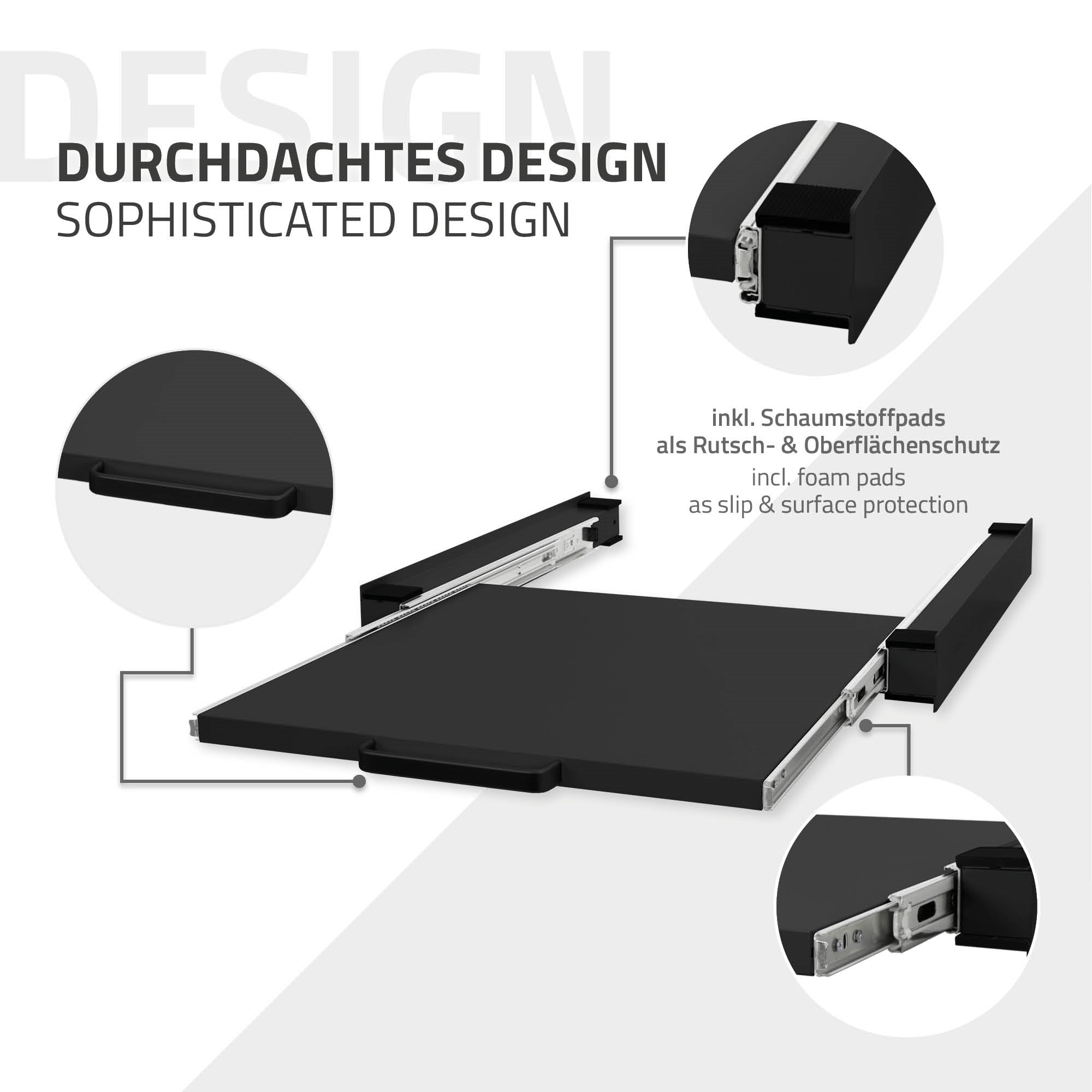 Detailansicht eines durchdachten Designs mit Schaumstoffpads für Rutsch- und Oberflächenschutz.