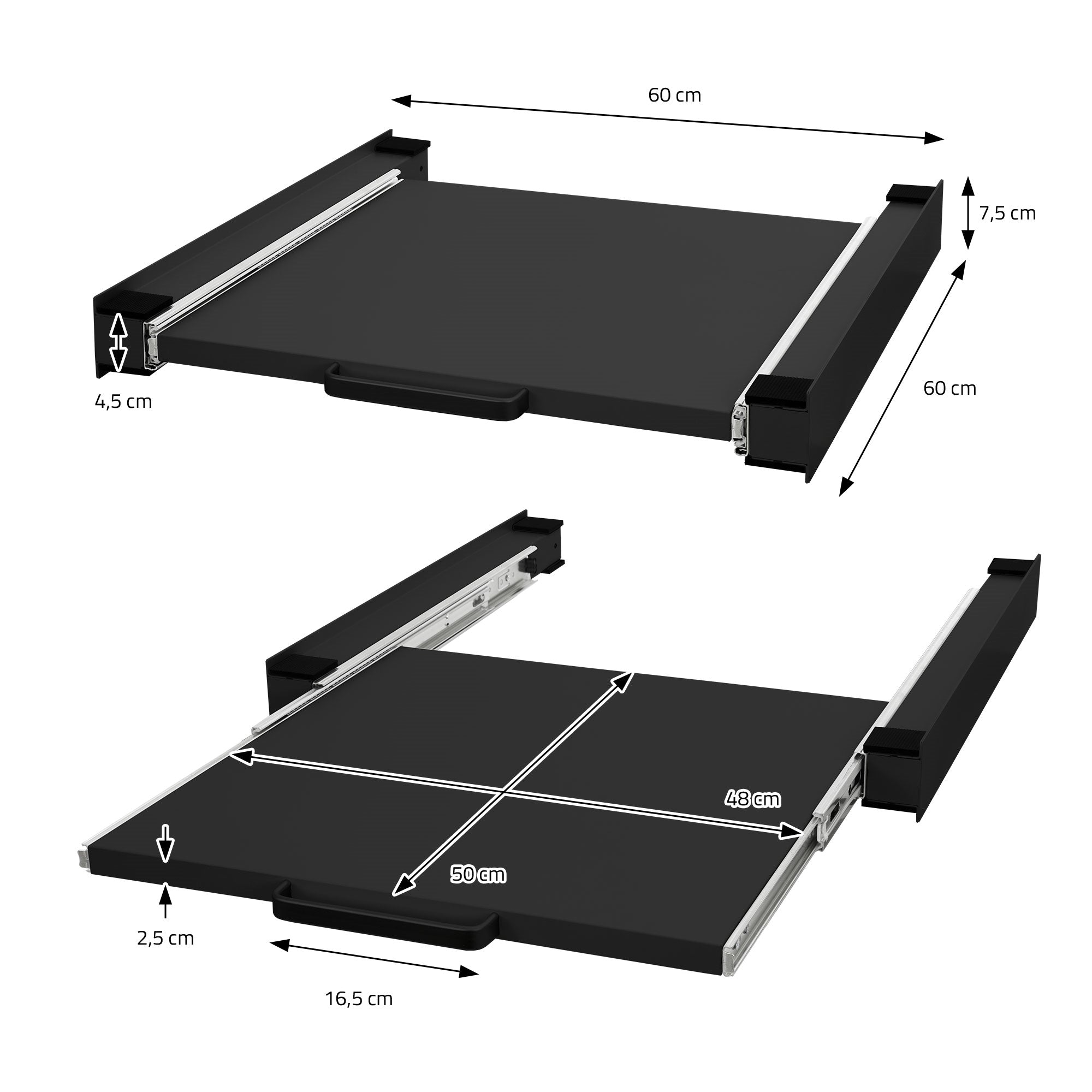 Technical drawing of an extendable frame with dimensions and details.