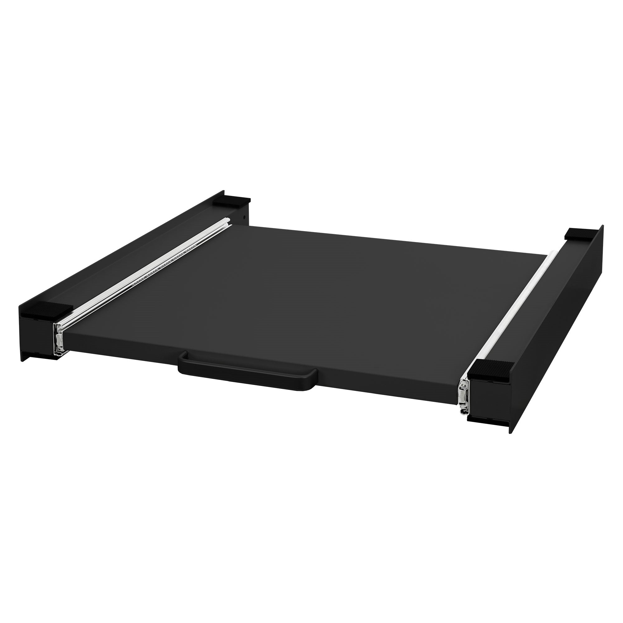 Schwarze Schublade mit Schienen, ohne Inhalt, auf weißem Hintergrund.