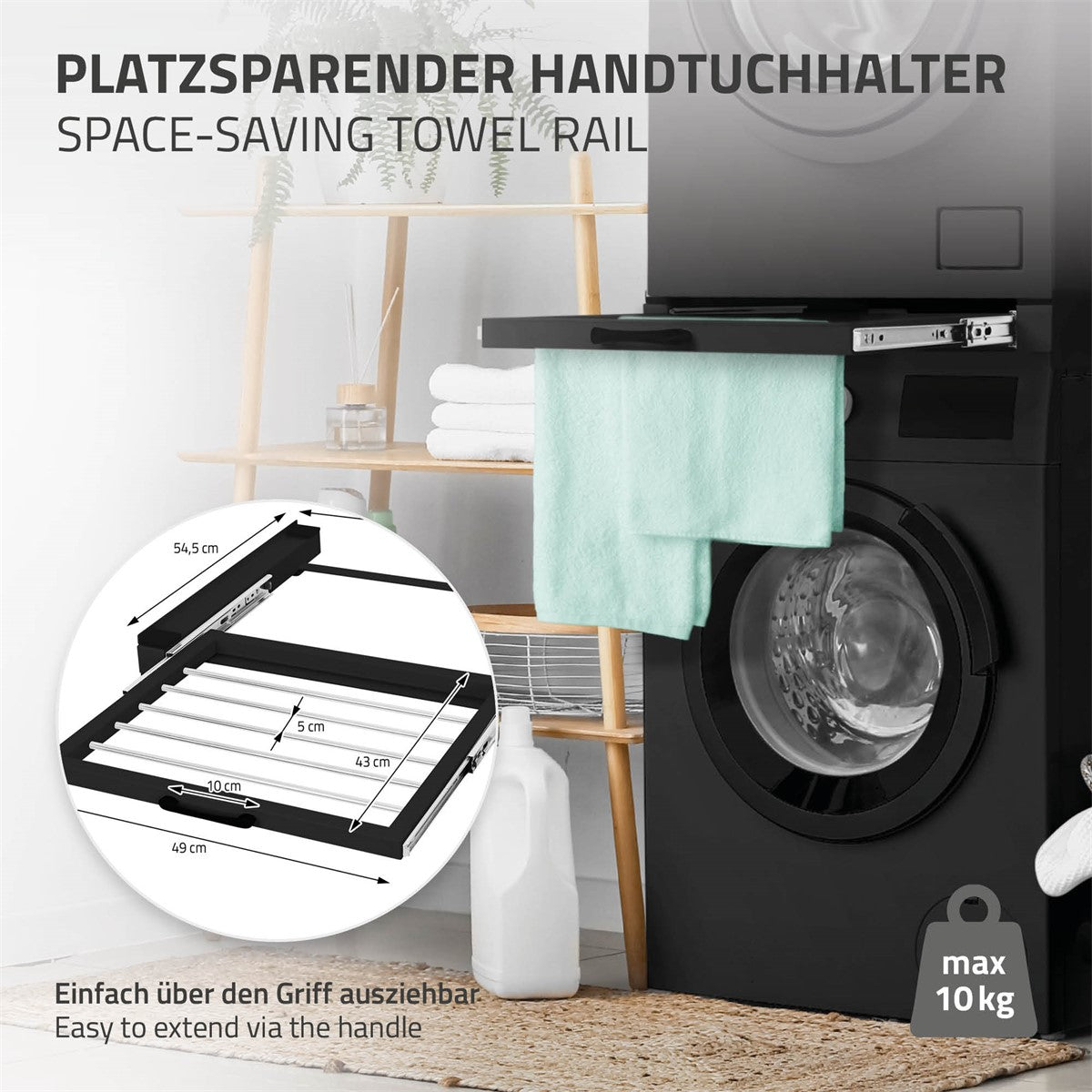 Platzsparender Handtuchhalter mit einem Handtuch, auf einem weißen Hintergrund.
