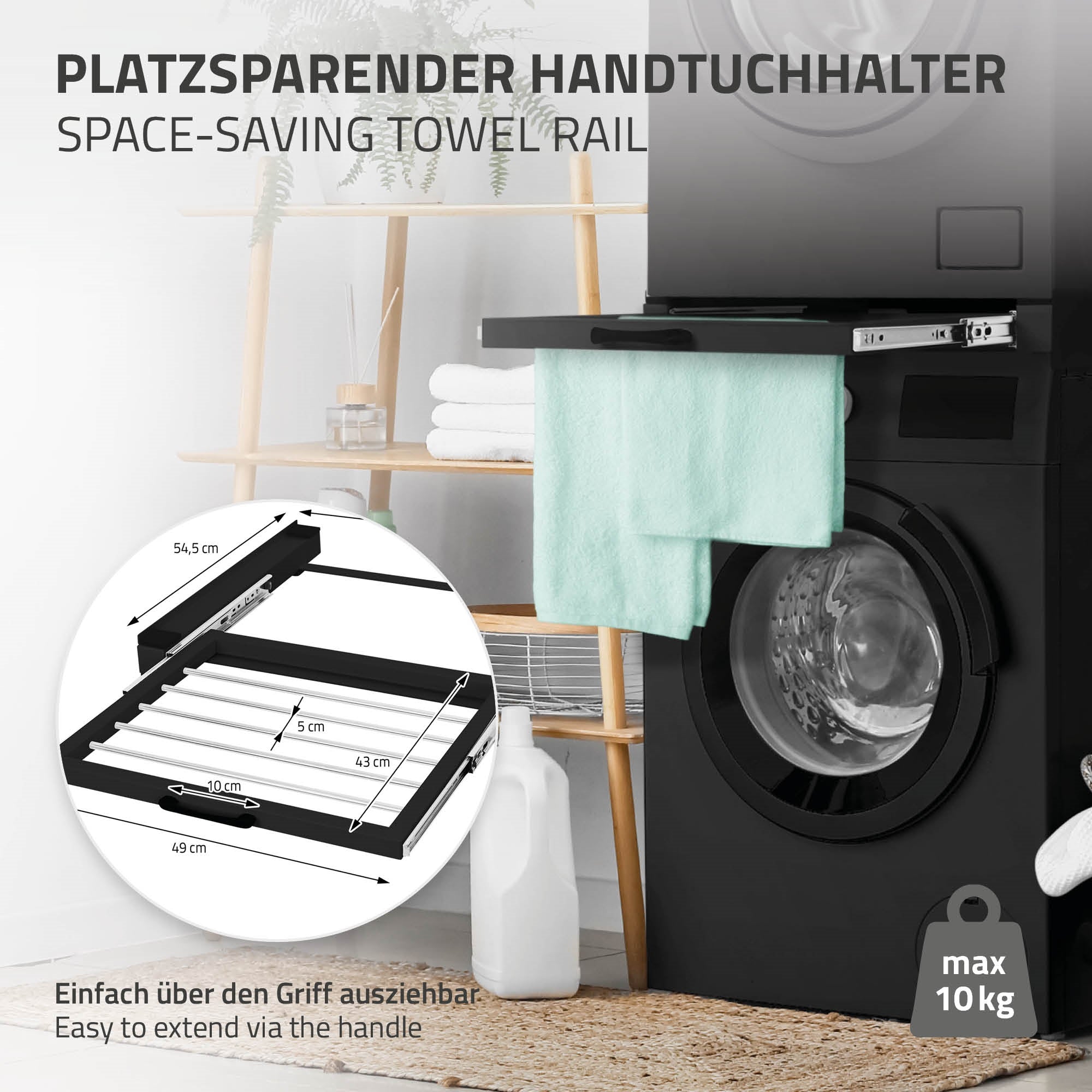 Platzsparender Handtuchhalter mit einem Handtuch, auf einem weißen Hintergrund.
