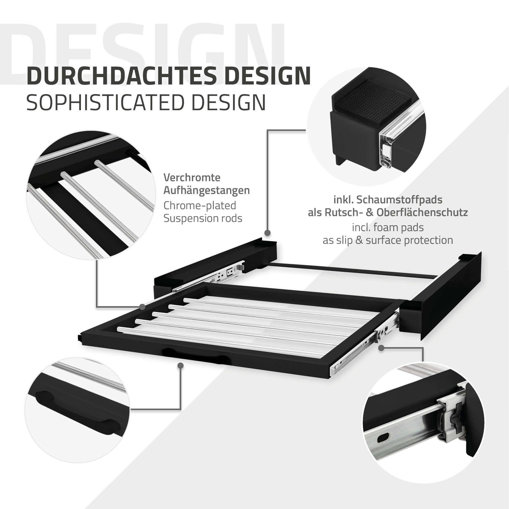 Detailansicht eines schwarzen Designs mit chromierten Aufhängestangen.