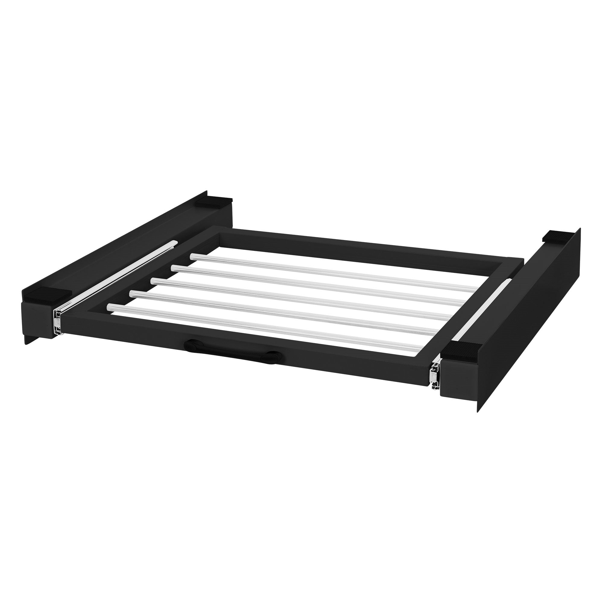 Schwarze Schublade mit mehreren Ablageleisten.