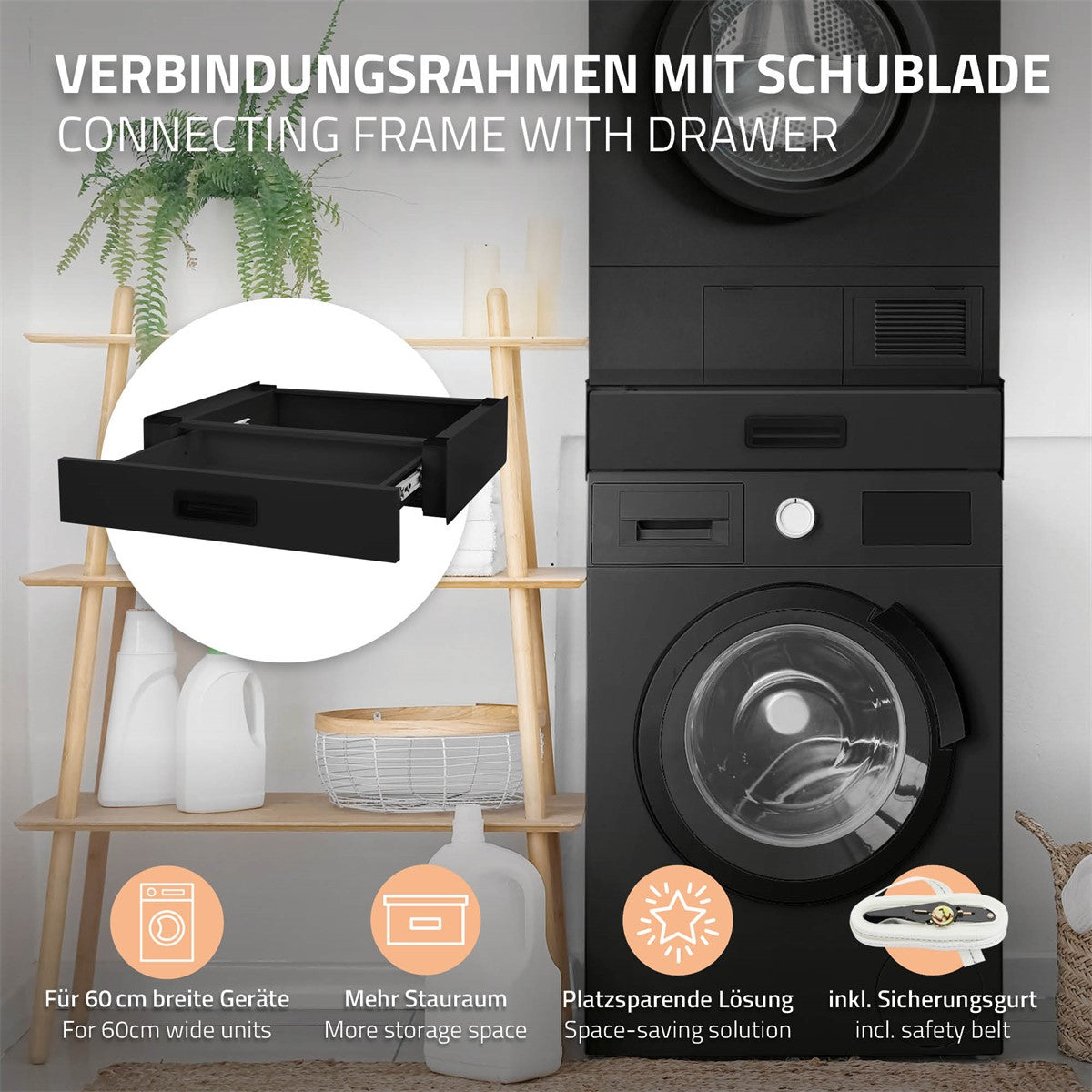 Schwarzer Verbindungsrahmen mit Schublade für Geräte, auf einem weißen Hintergrund.