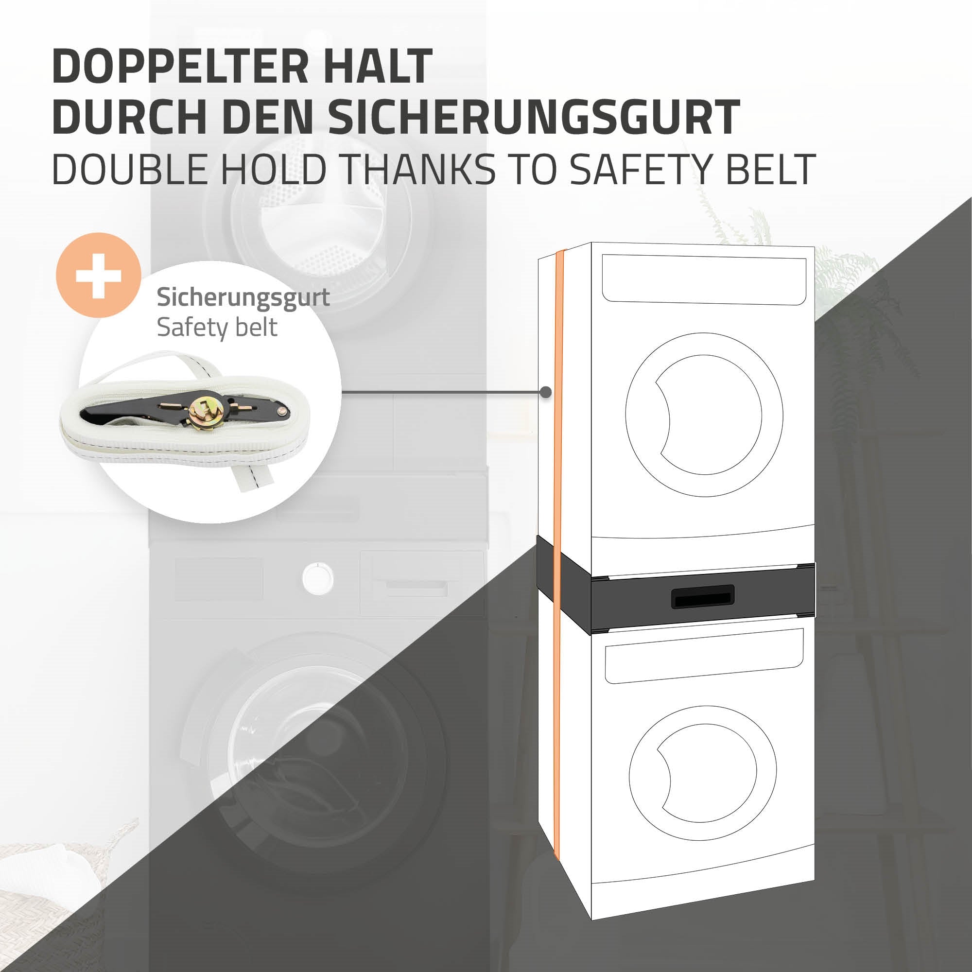 Illustration eines Waschmaschinenuntergestells mit Sicherheitsgurt zur Stabilisierung.
