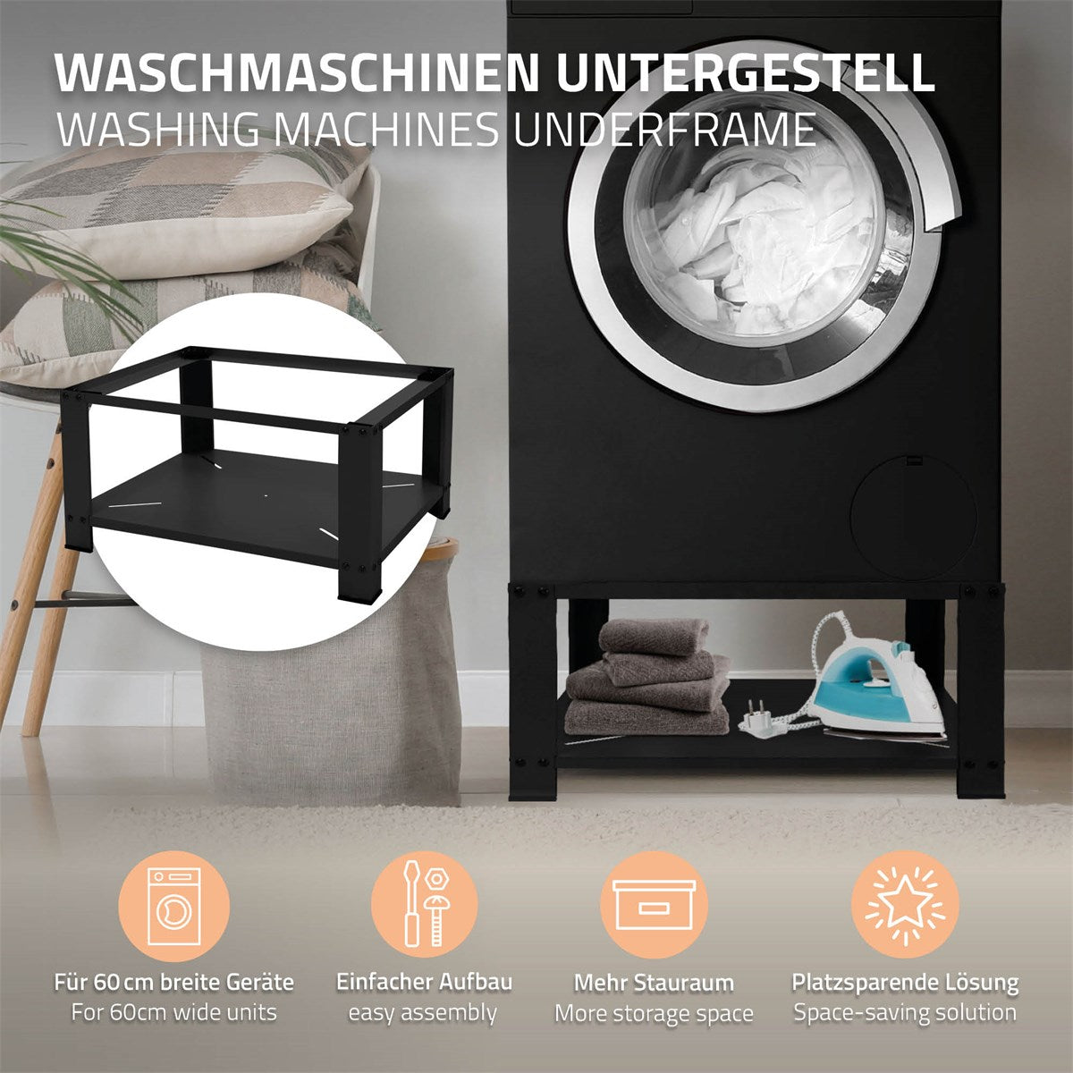Waschmaschinenuntergestell mit Platz für eine Waschmaschine und einem Bügeleisen.