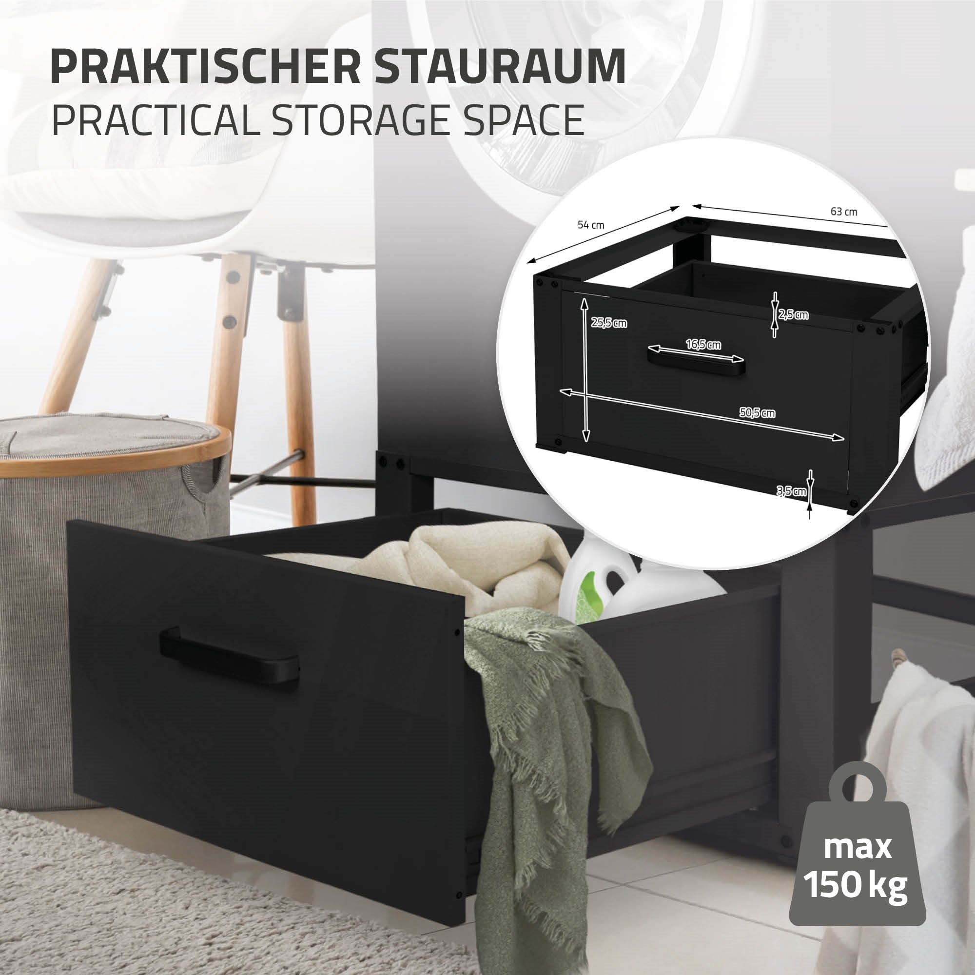 Schwarzer Aufbewahrungskasten mit Maßangaben und maximaler Traglast.