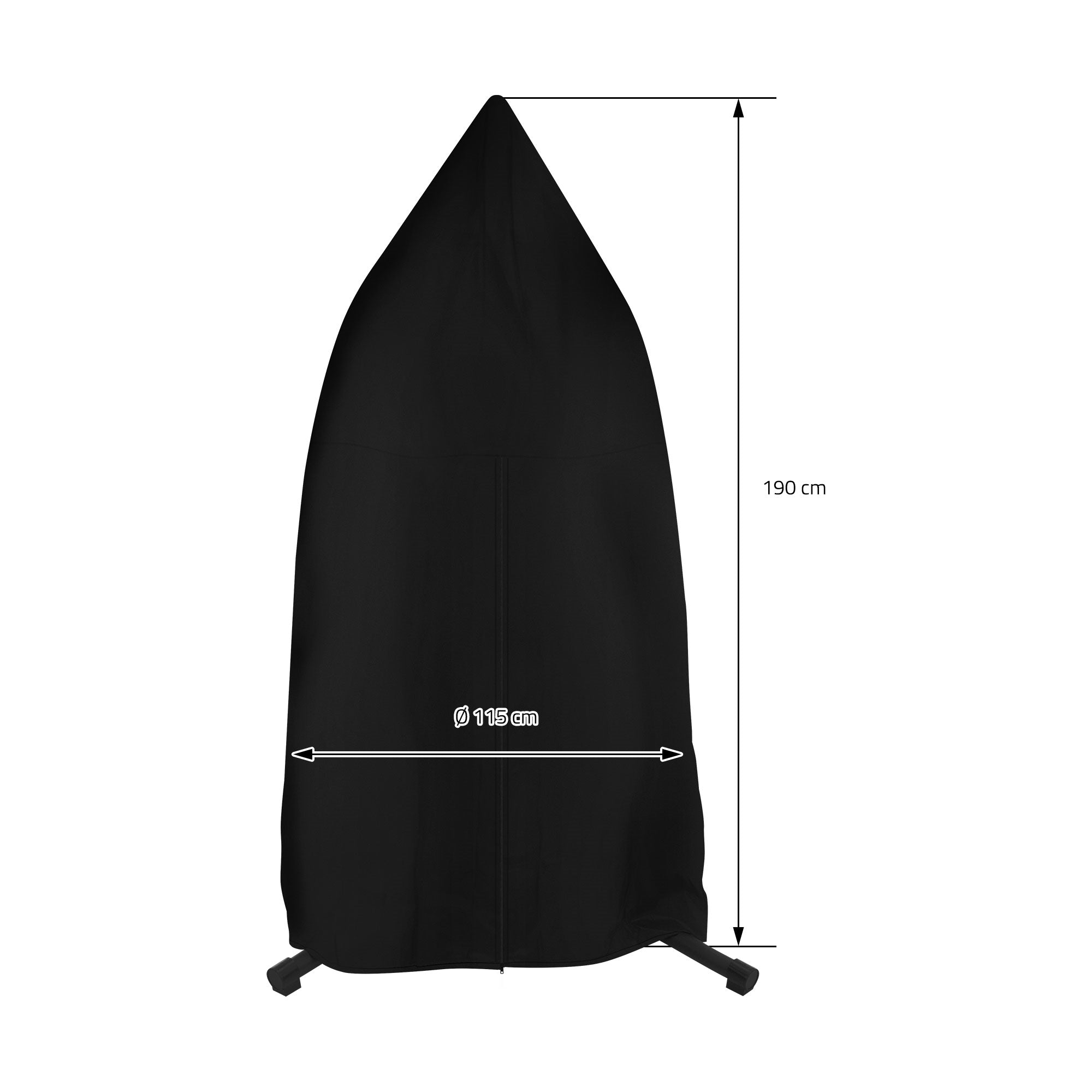 Fekete függőszék borítás cm-ben megadott méretekkel, bemutatja a formát.