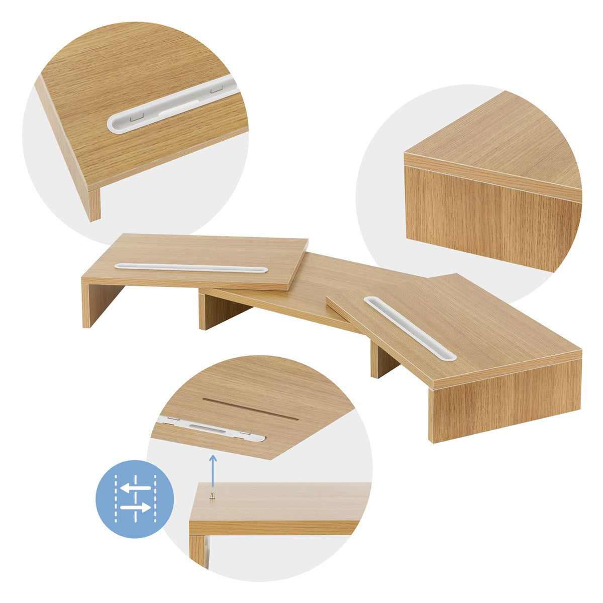 Ein Holzschreibtisch mit zwei abgewinkelten Ablagen und einer Öffnung.