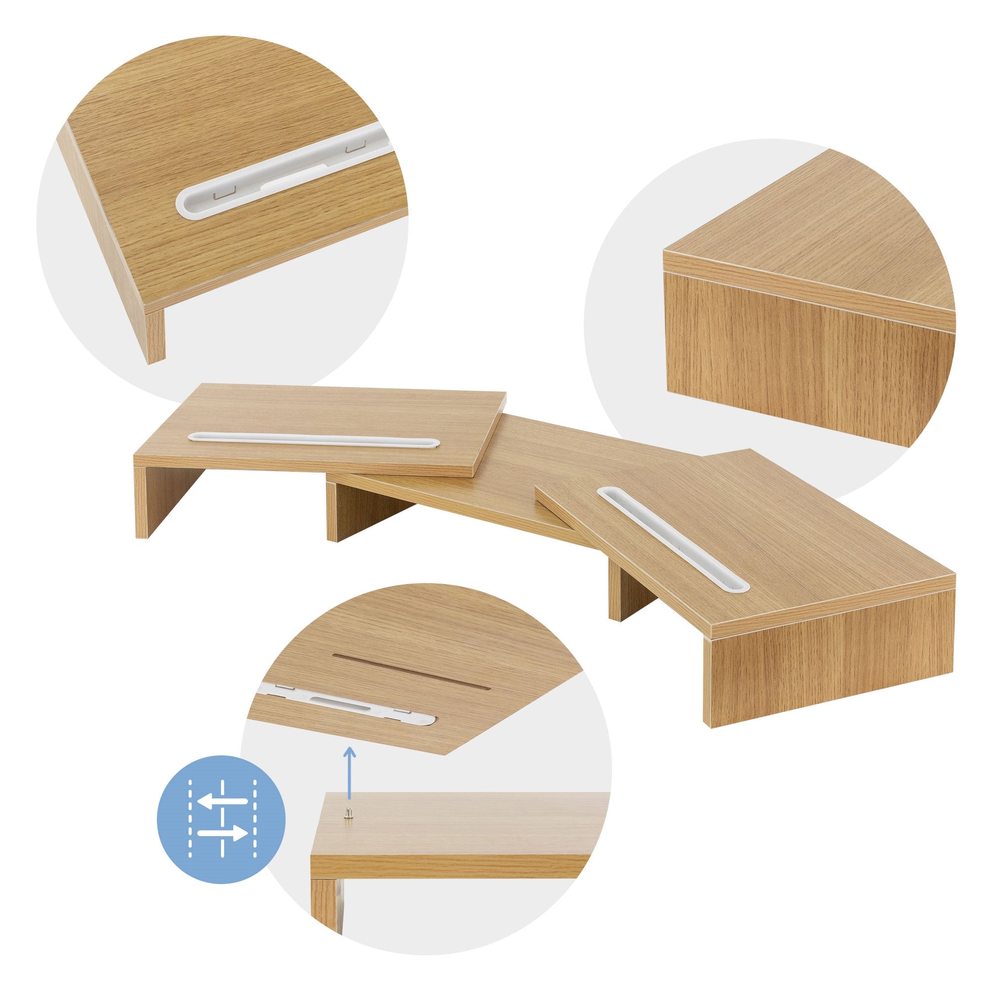 Ein Holzschreibtisch mit zwei abgewinkelten Ablagen und einer Öffnung.